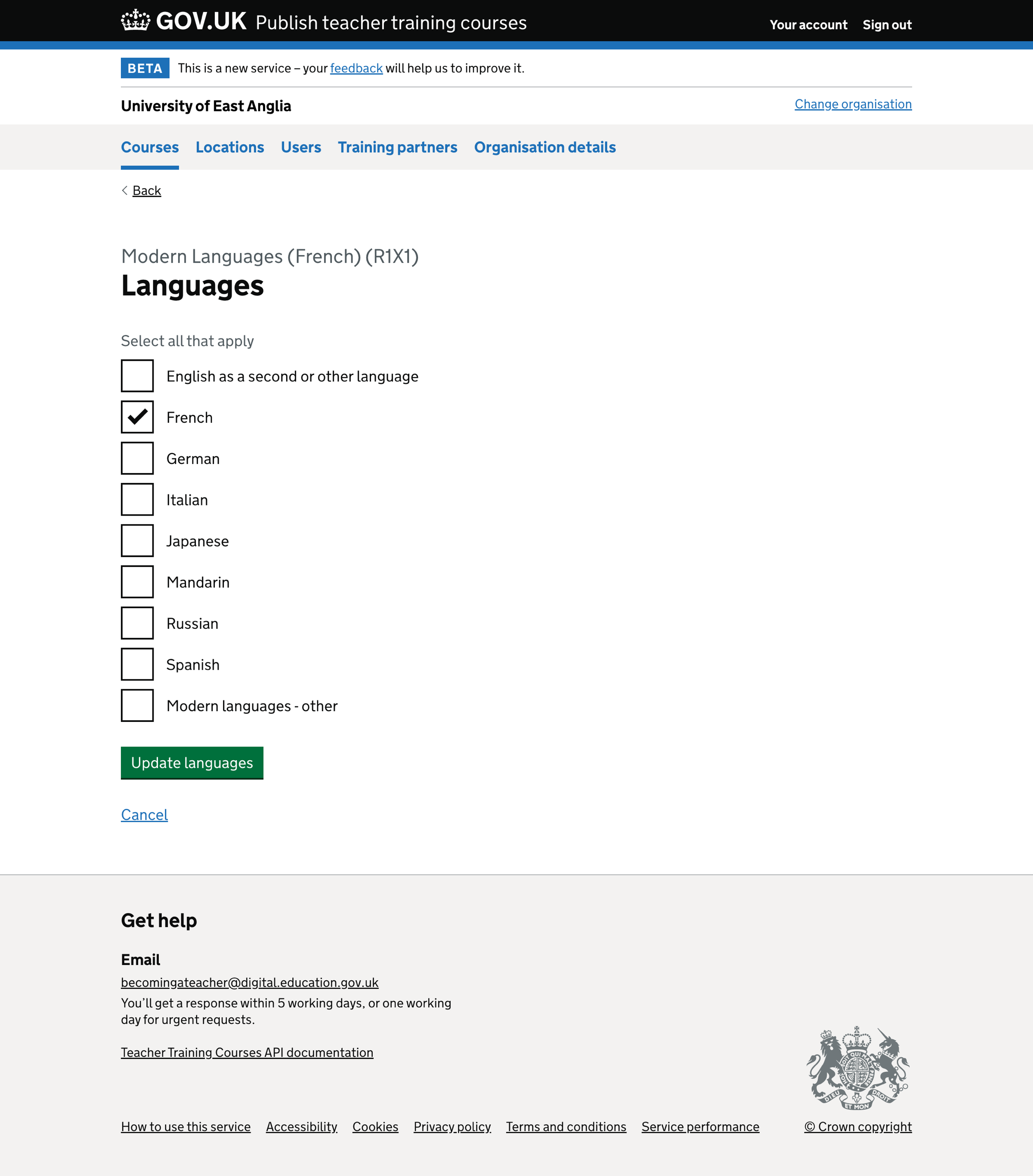 Screenshot of Edit course - modern language subjects