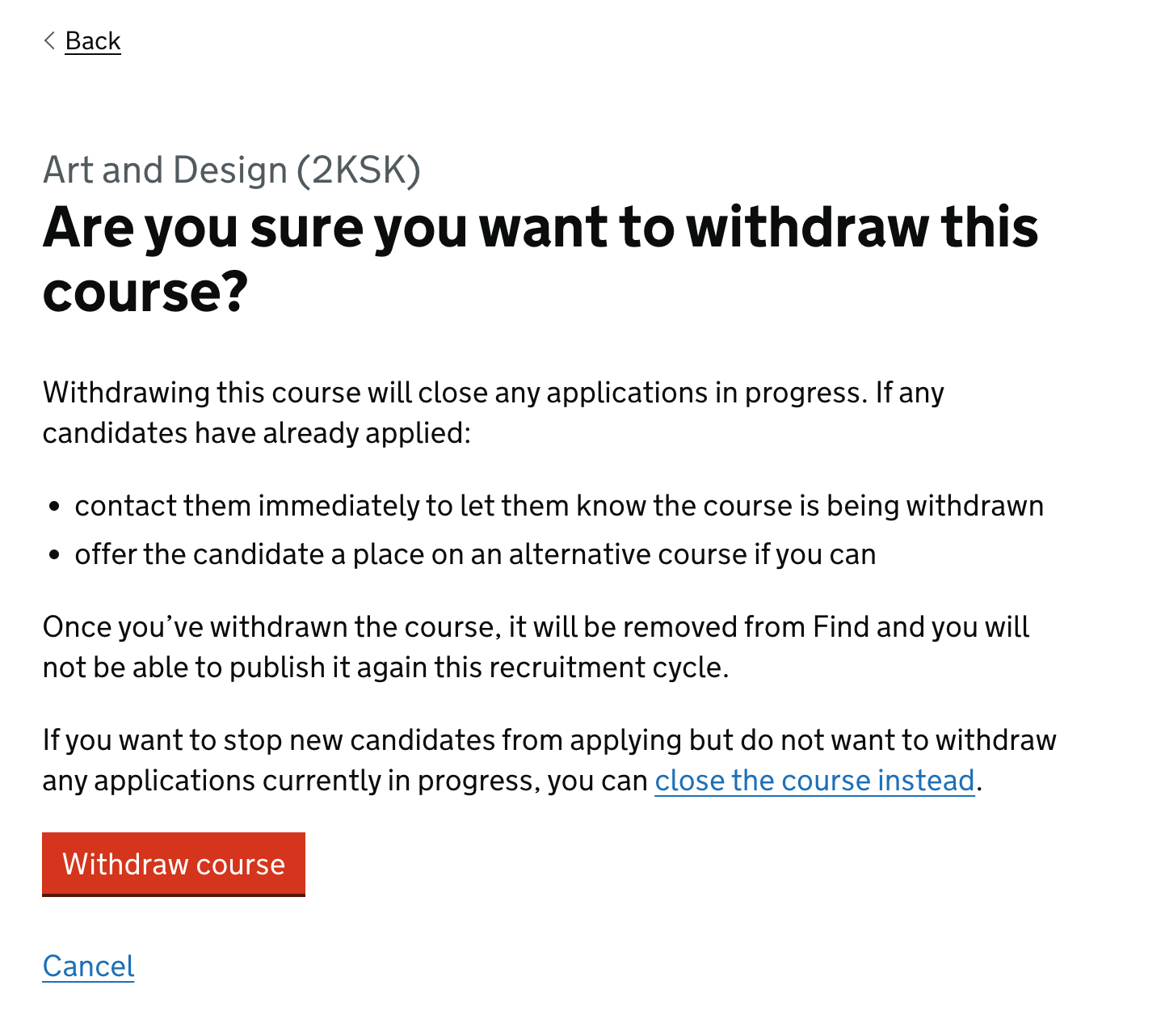 Screenshot of withdrawing a course question