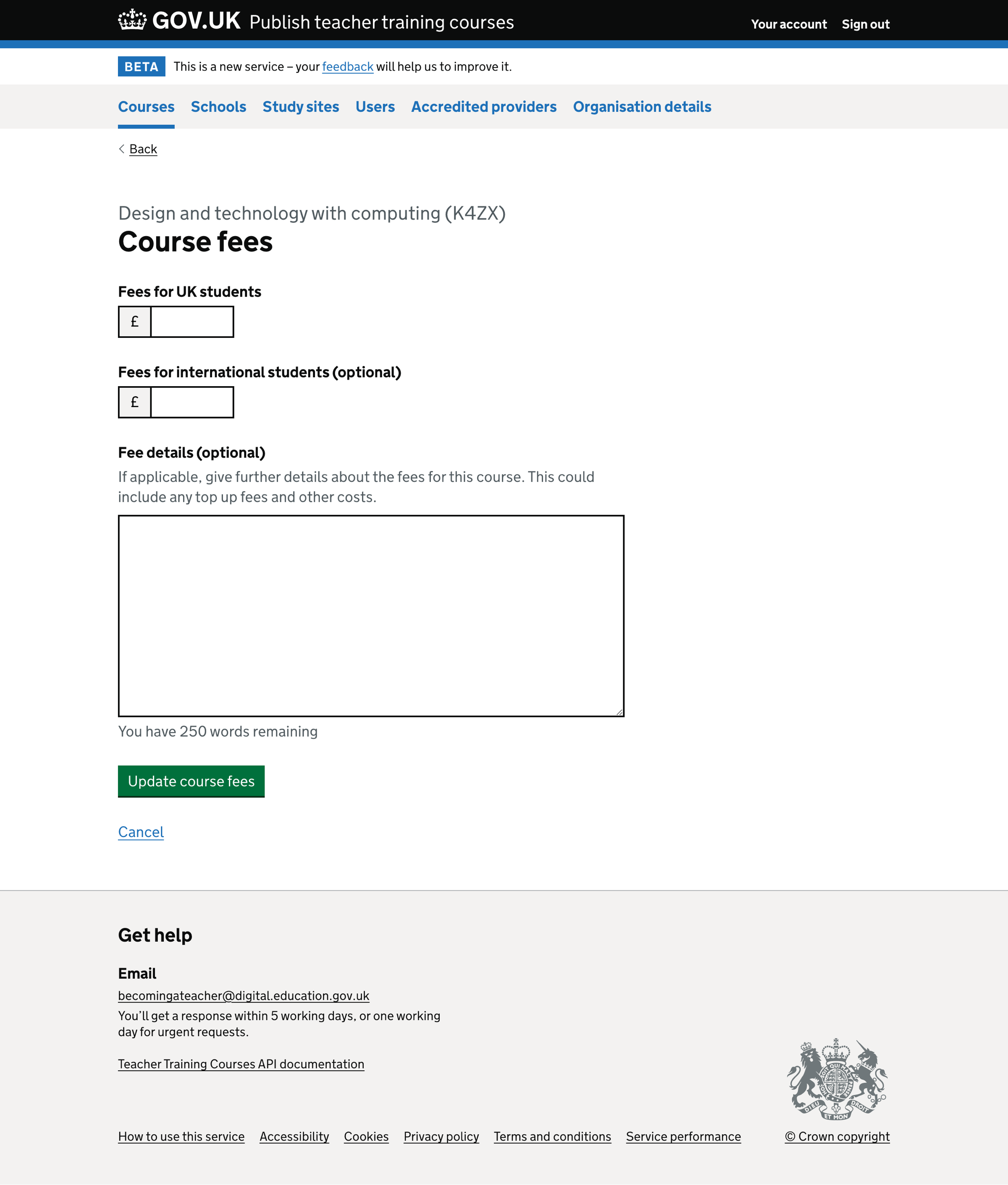 Screenshot of Course fees - optional international fees