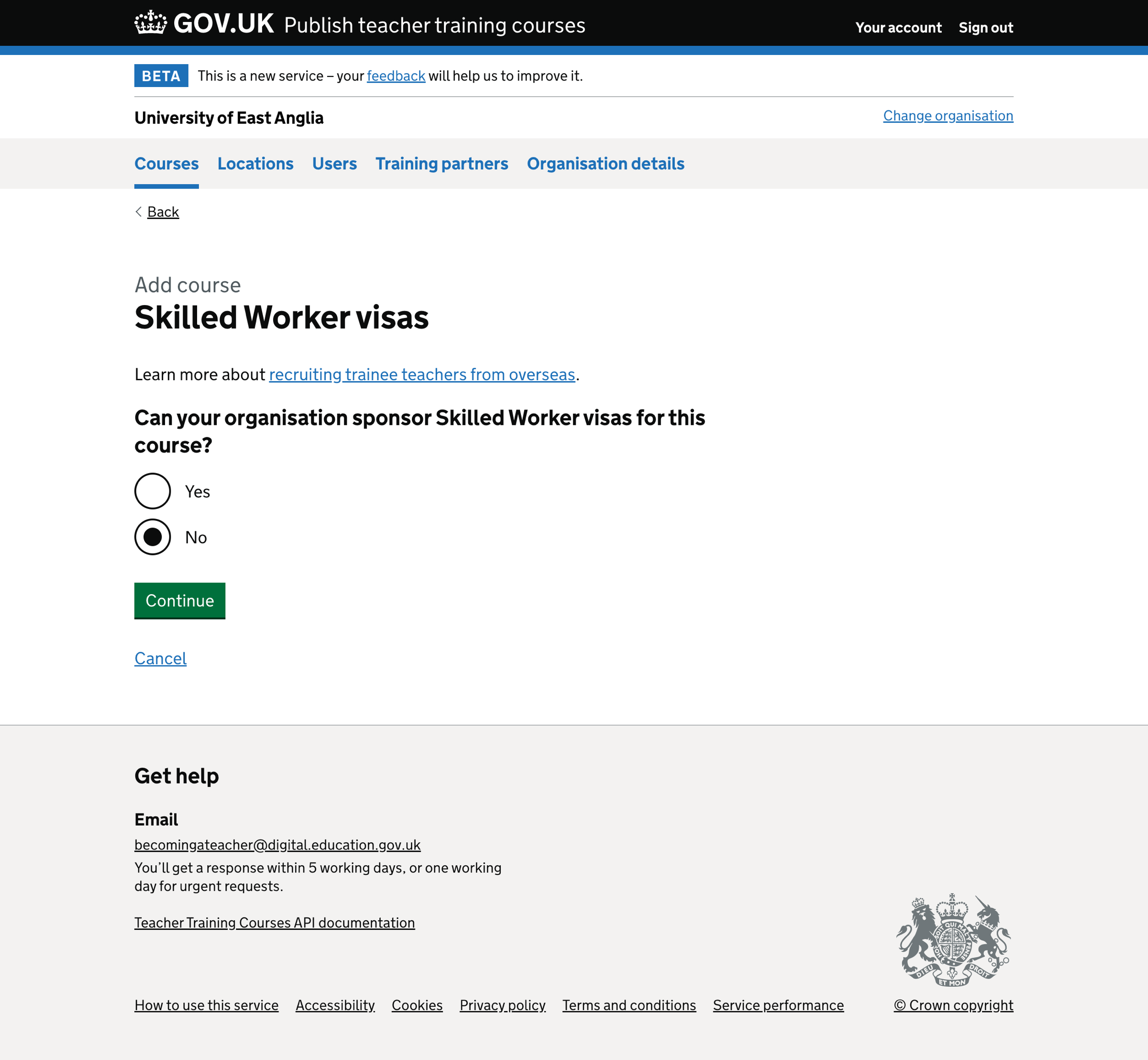 Screenshot of Add course - accredited body - Skilled Worker visas