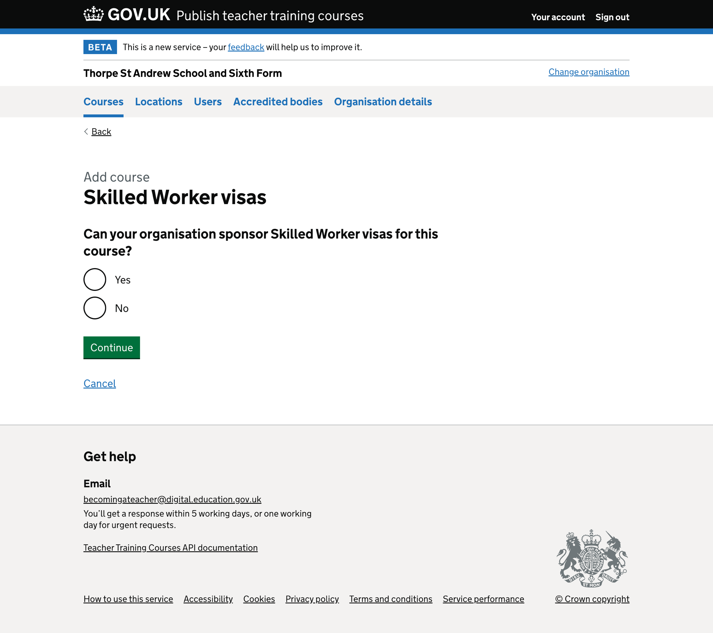 Screenshot of Add course - lead school - Skilled Worker visas