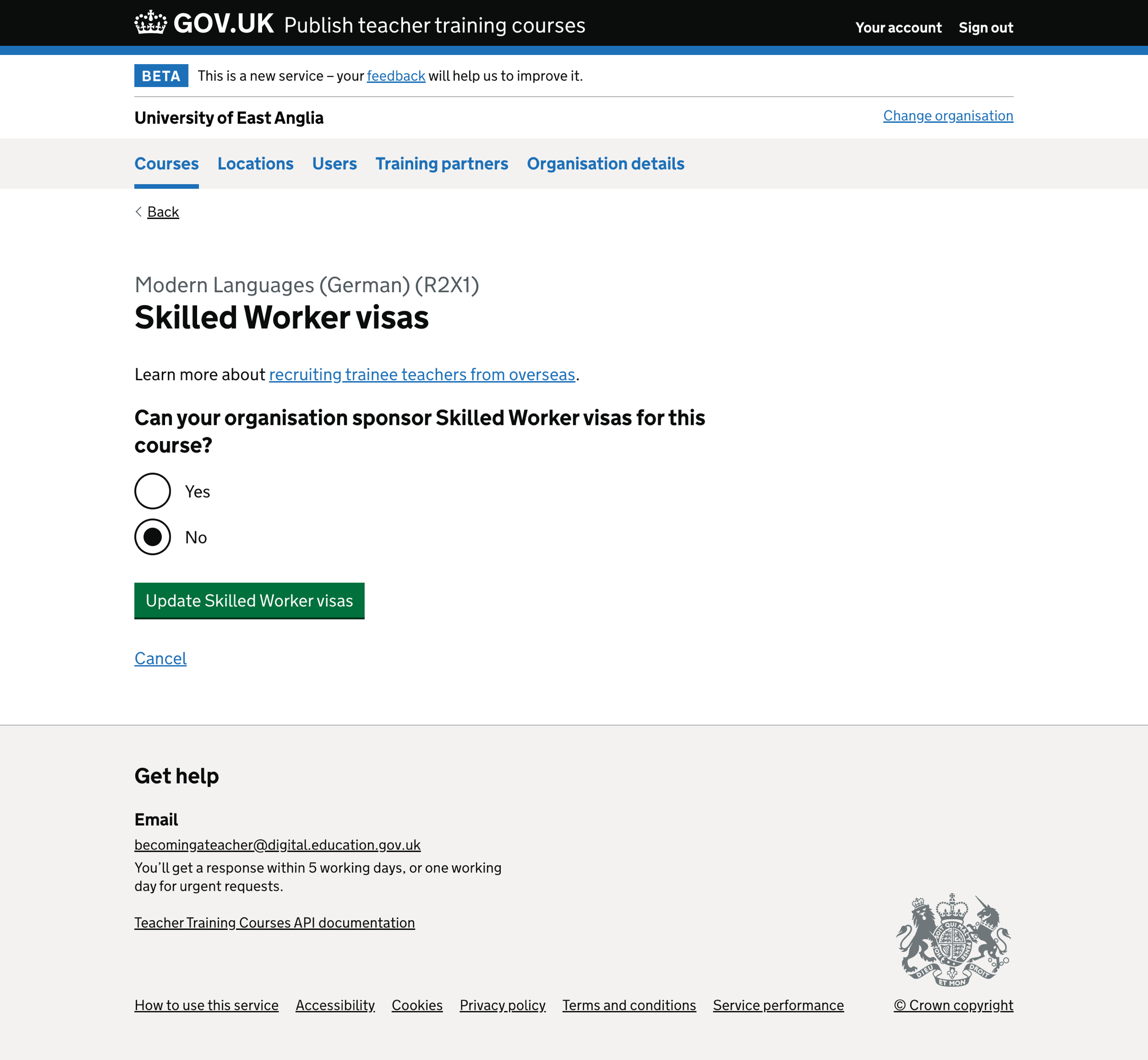 Screenshot of Edit course - accredited body - Skilled Worker visas