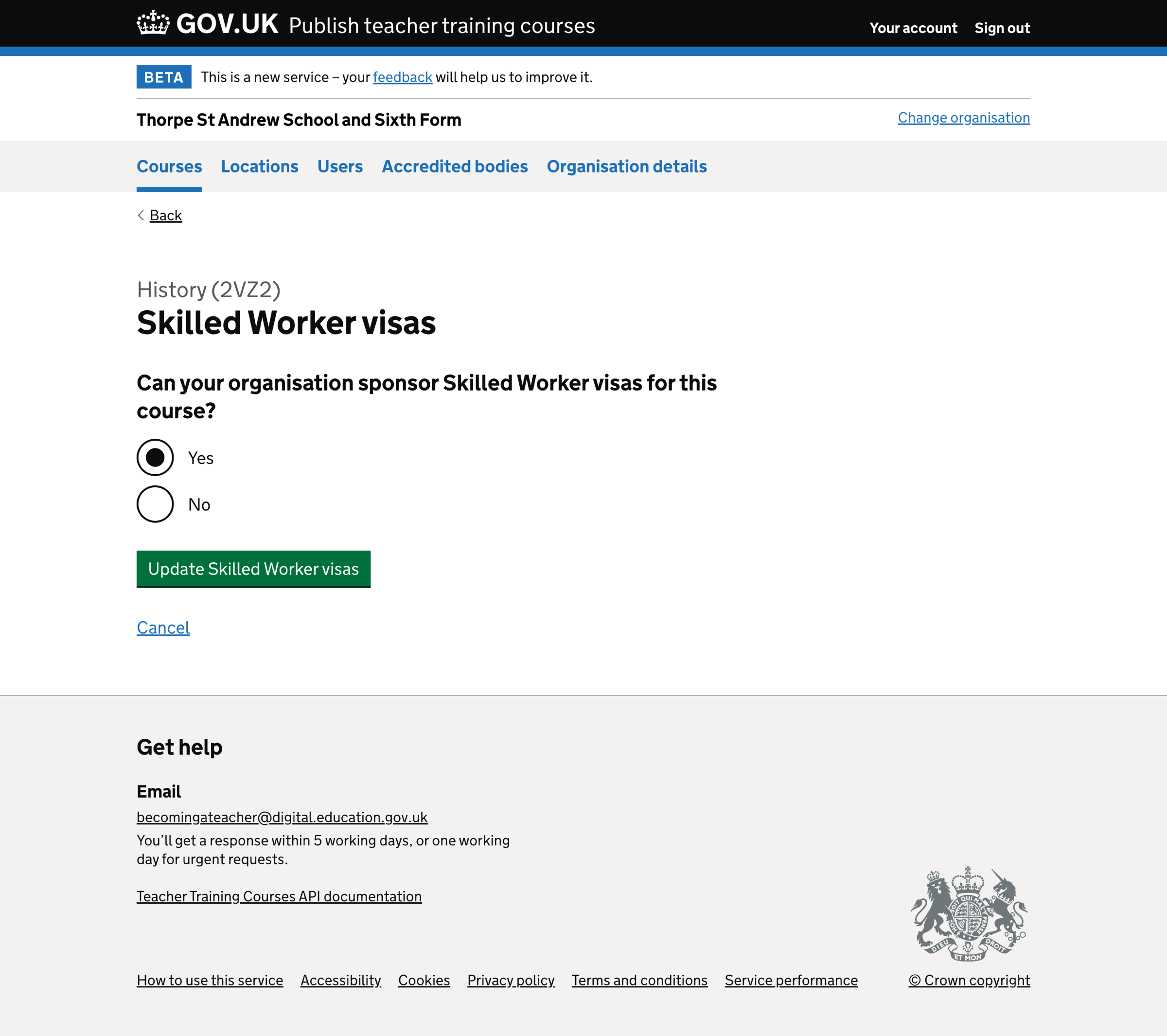 Screenshot of Edit course - lead school - Skilled Worker visas