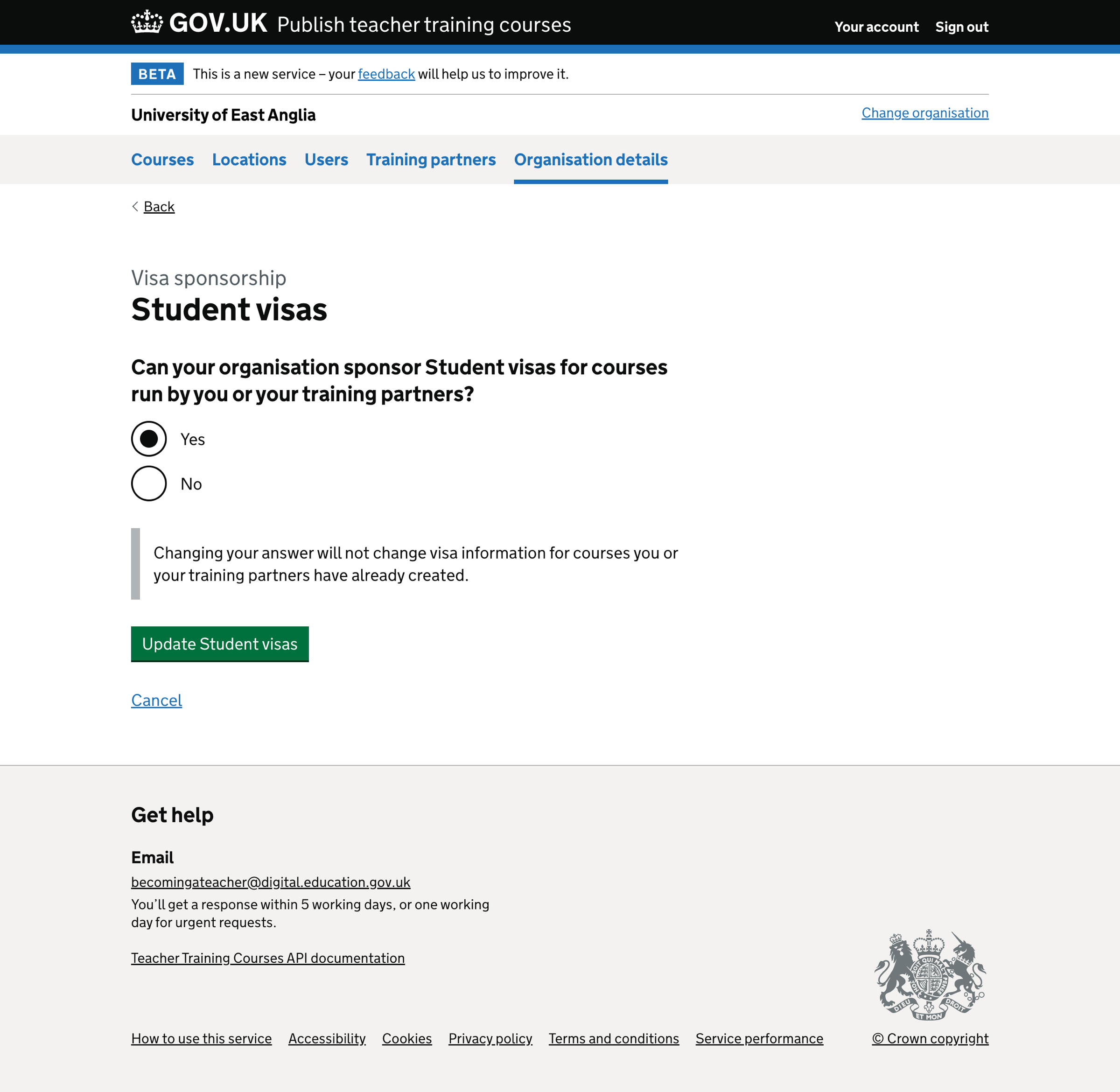 Screenshot of Organisation details - accredited body - Student visas