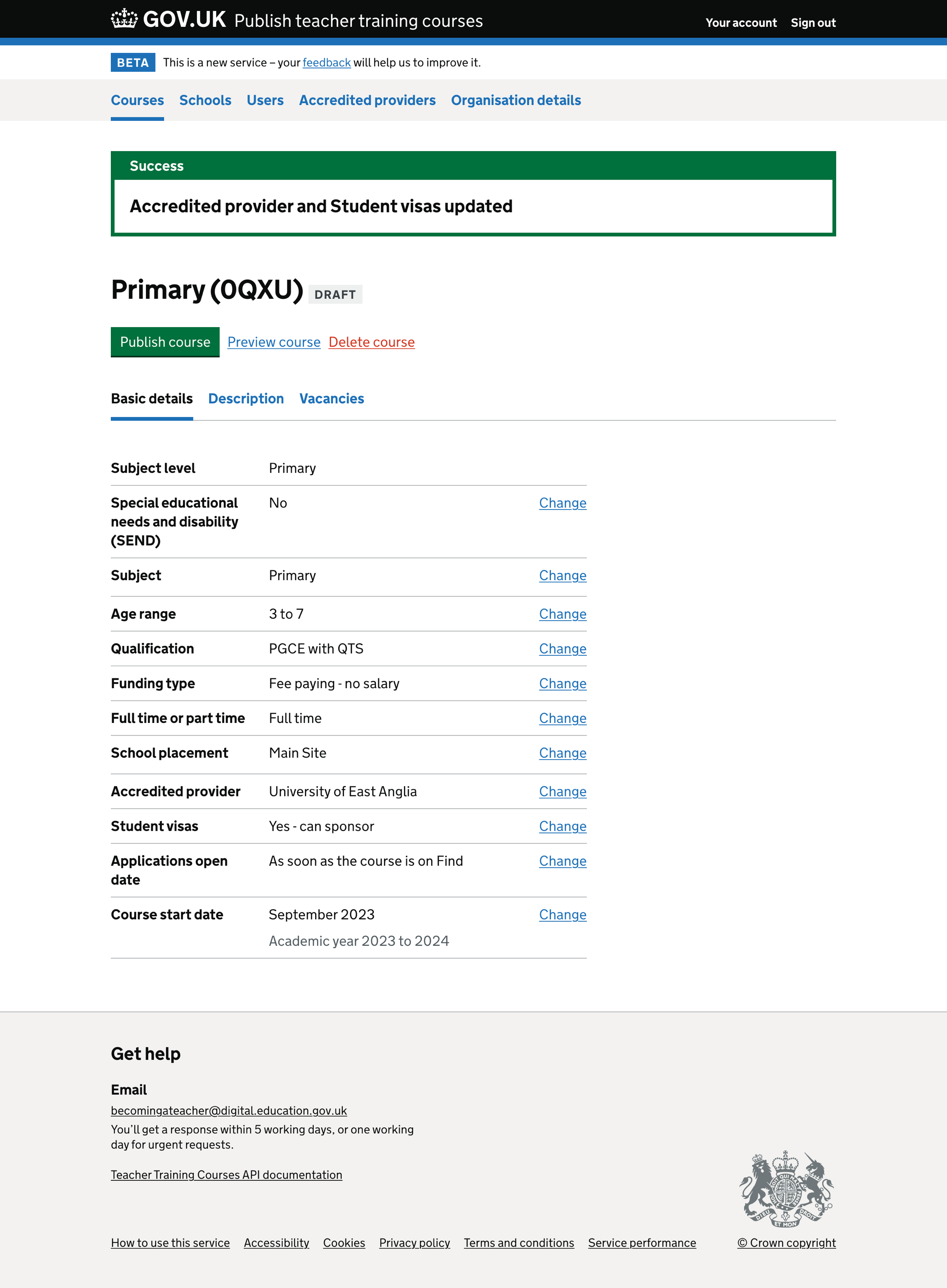 Screenshot of Accredited provider and visa updated