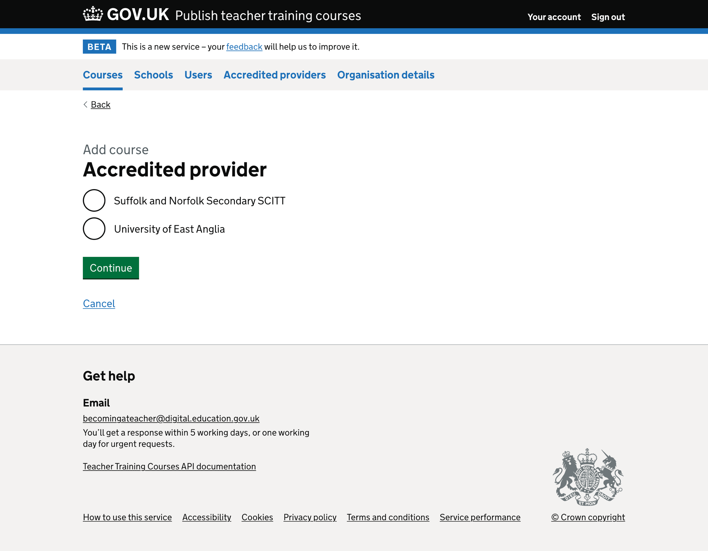 Screenshot of Add course - accredited provider