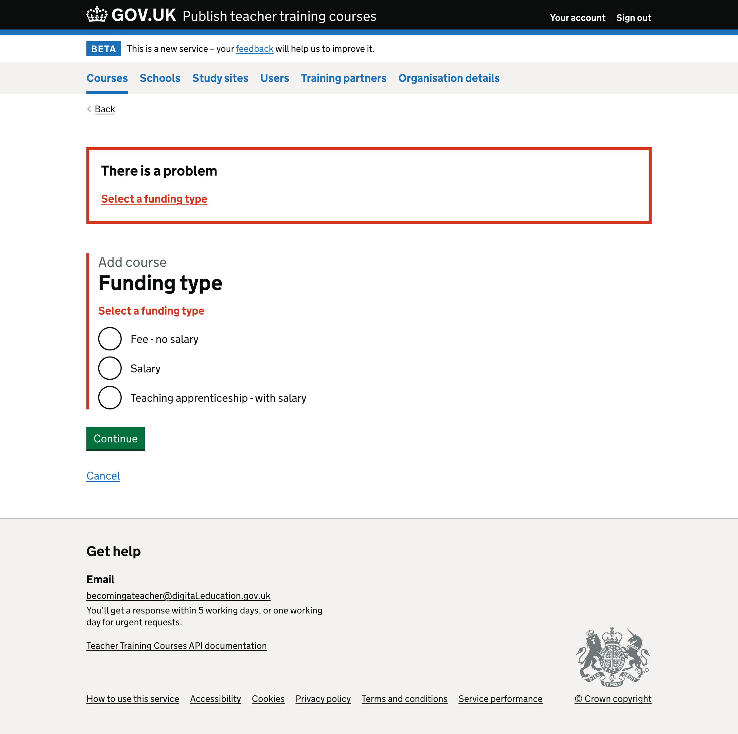 Screenshot of Add course funding type - error