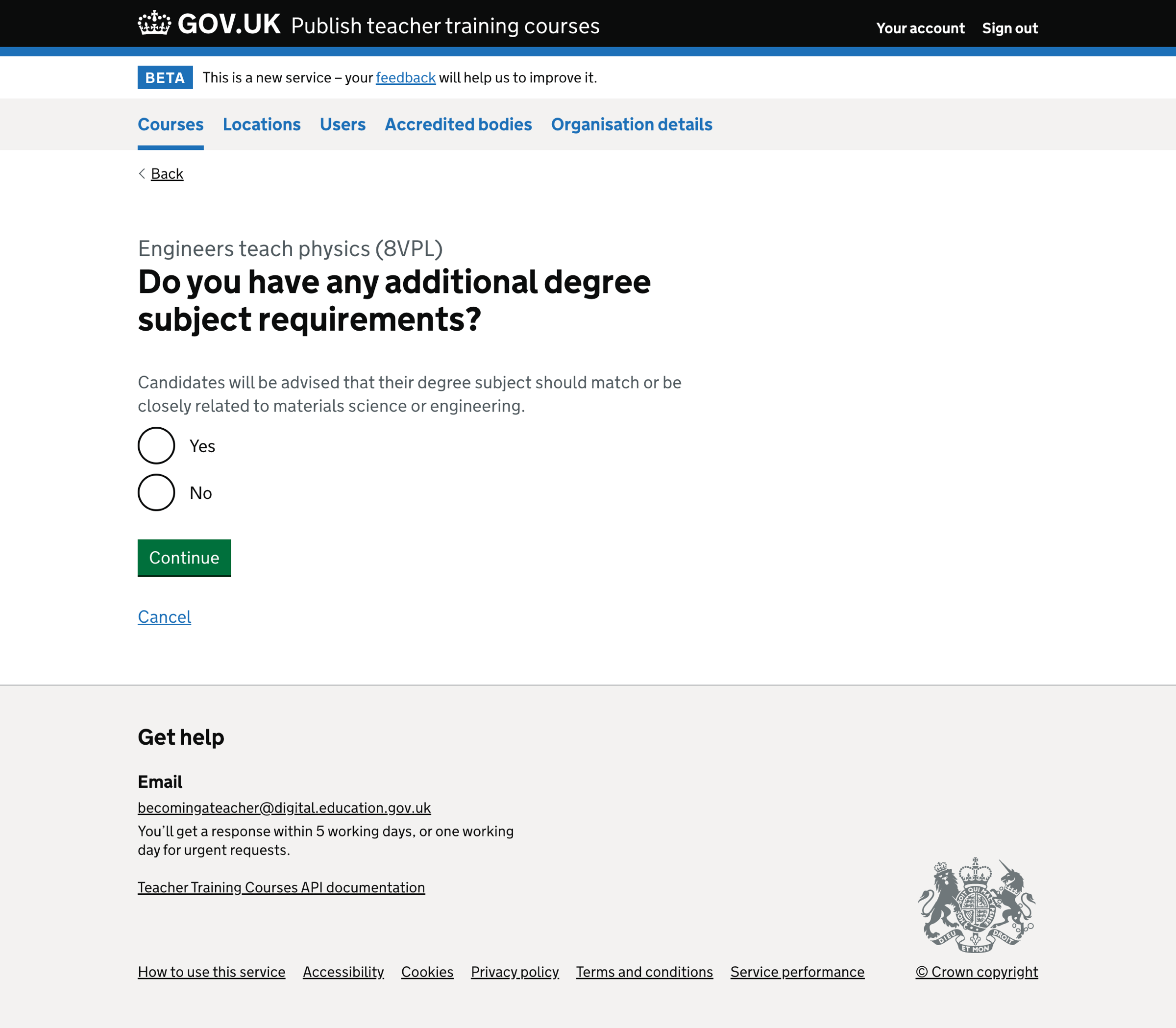 Screenshot of Degree subject requirements