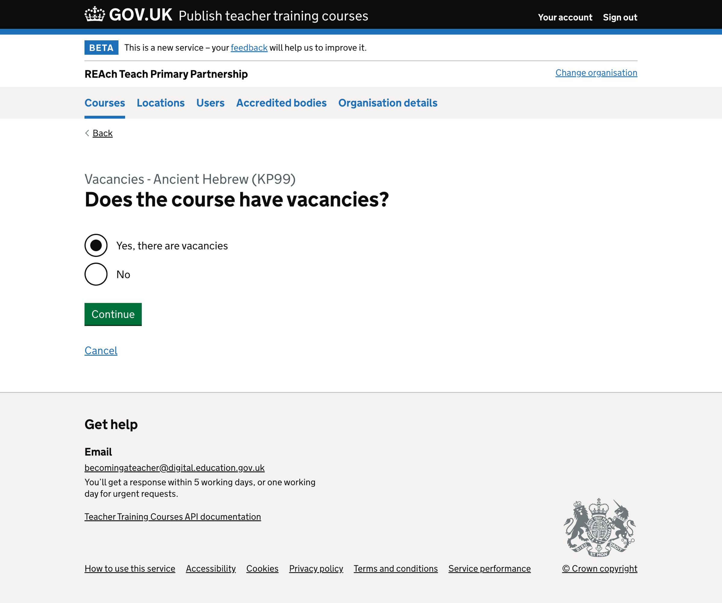 Screenshot of Change vacancies - courses with vacancies