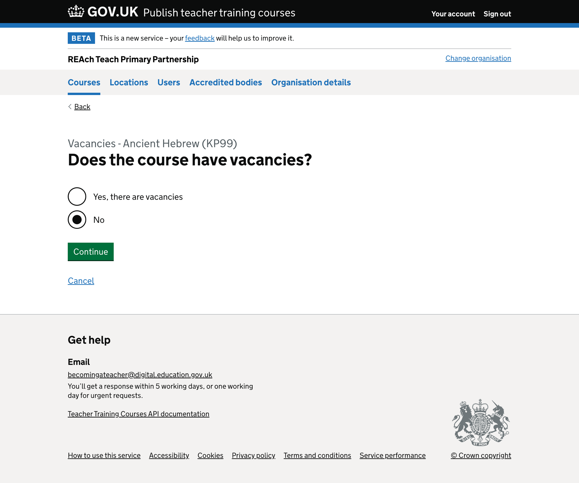 Screenshot of Change vacancies - courses without vacancies