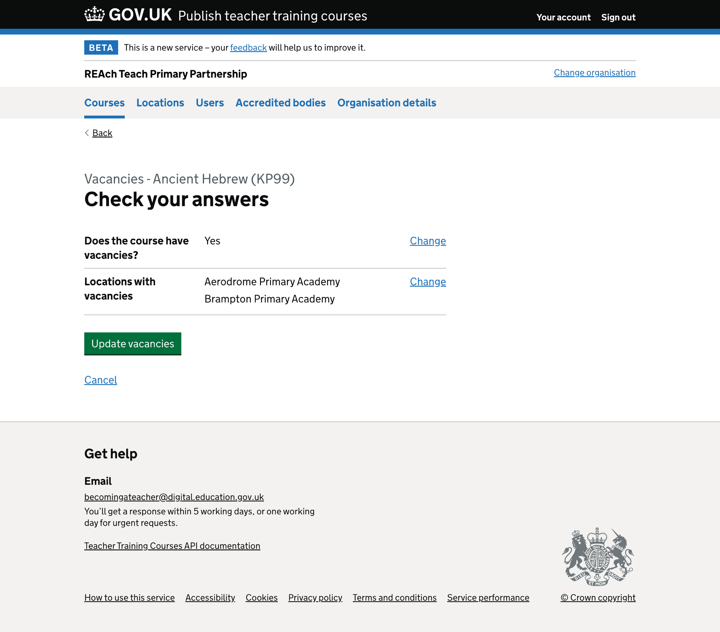 Screenshot of Check your answers - courses with vacancies