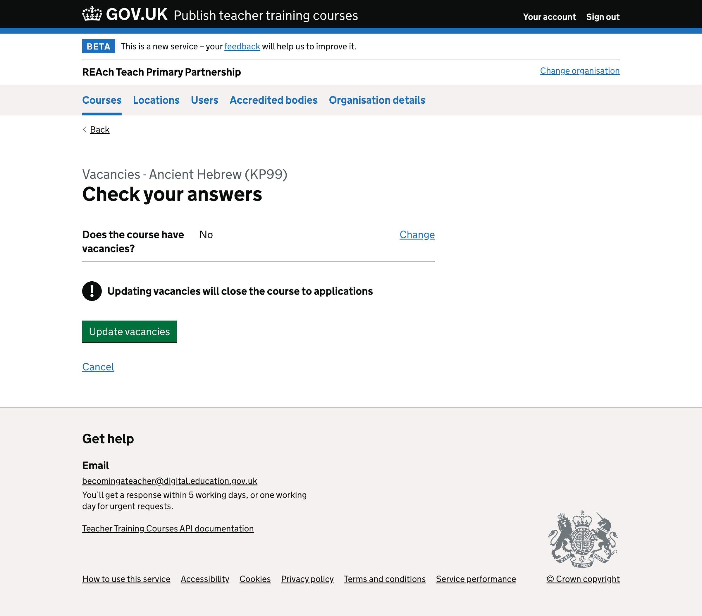 Screenshot of Check your answers - courses without vacancies