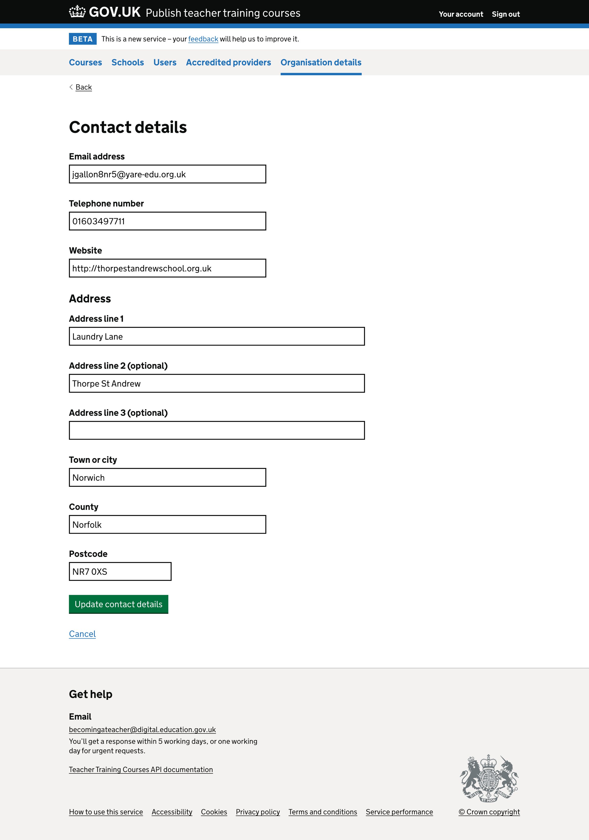 Screenshot of Organisation contact details