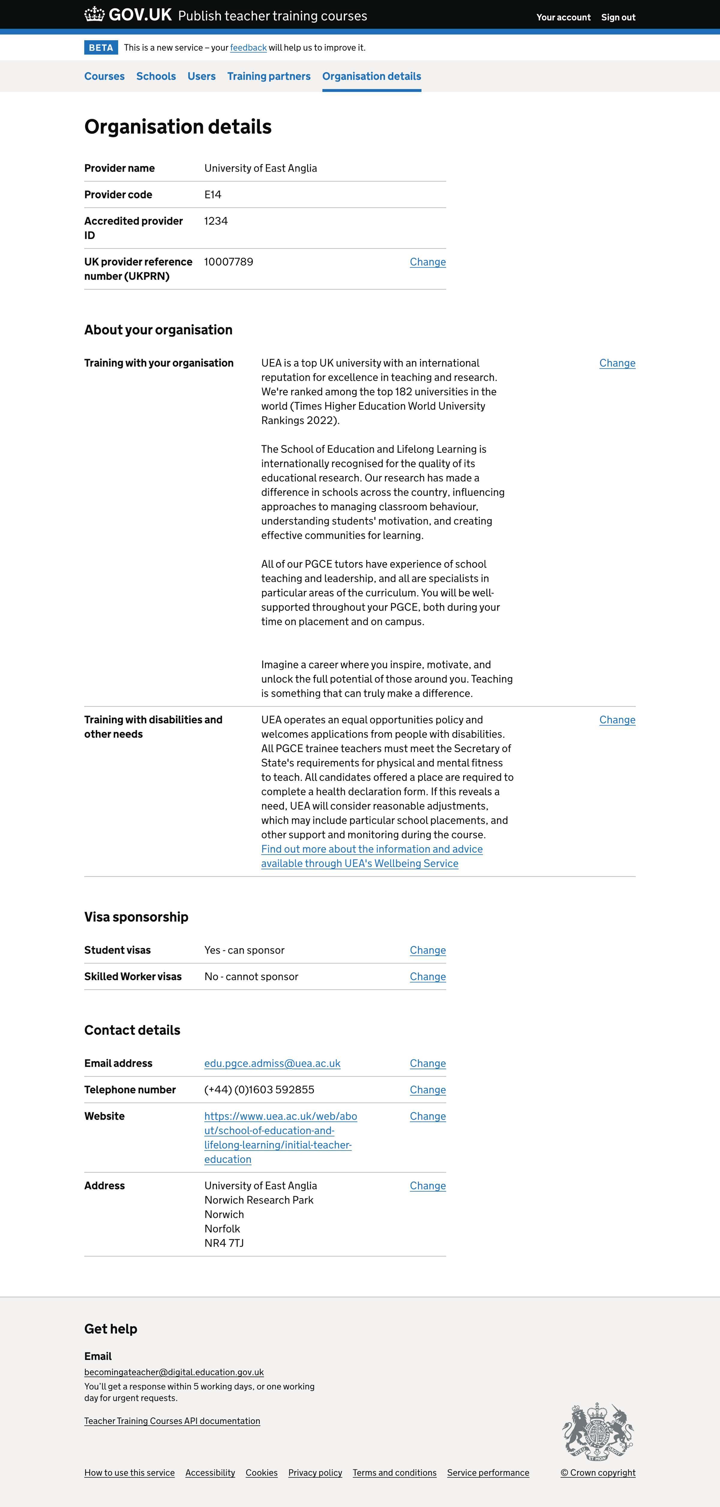 Screenshot of Organisation details - accredited provider