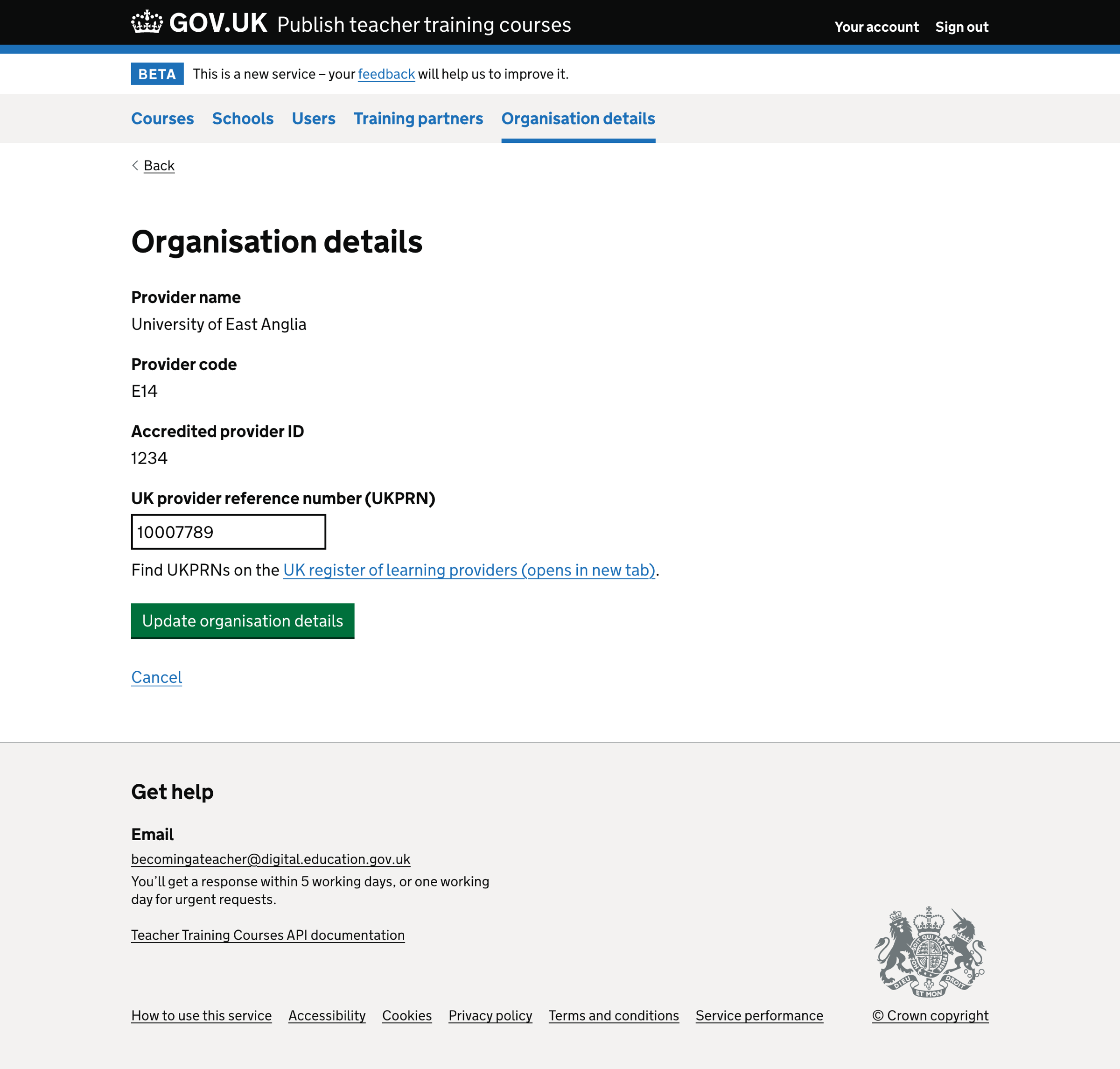 Screenshot of Organisation details form - accredited provider