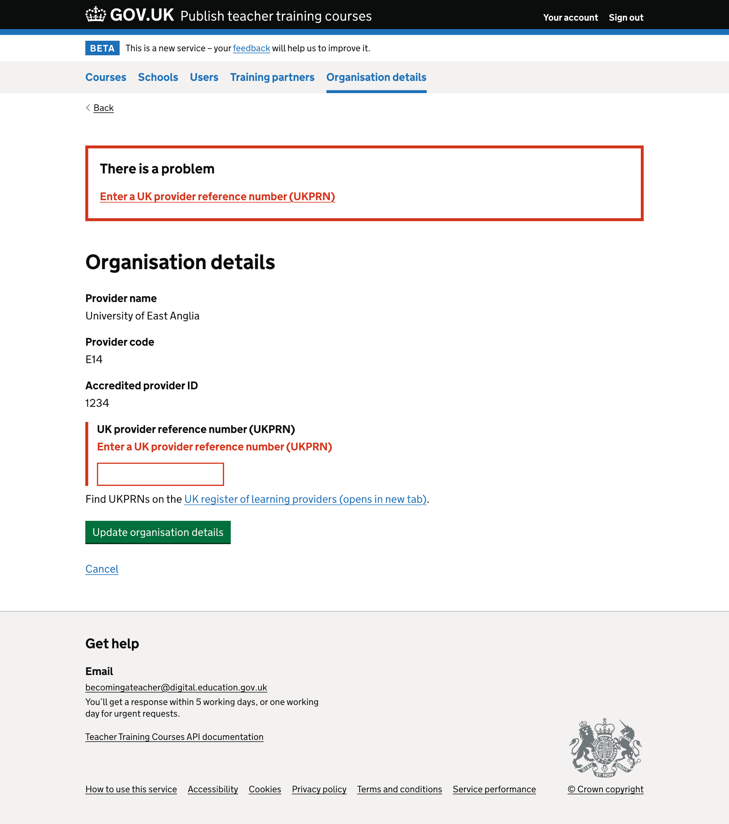 Screenshot of Organisation details form with errors - accredited provider