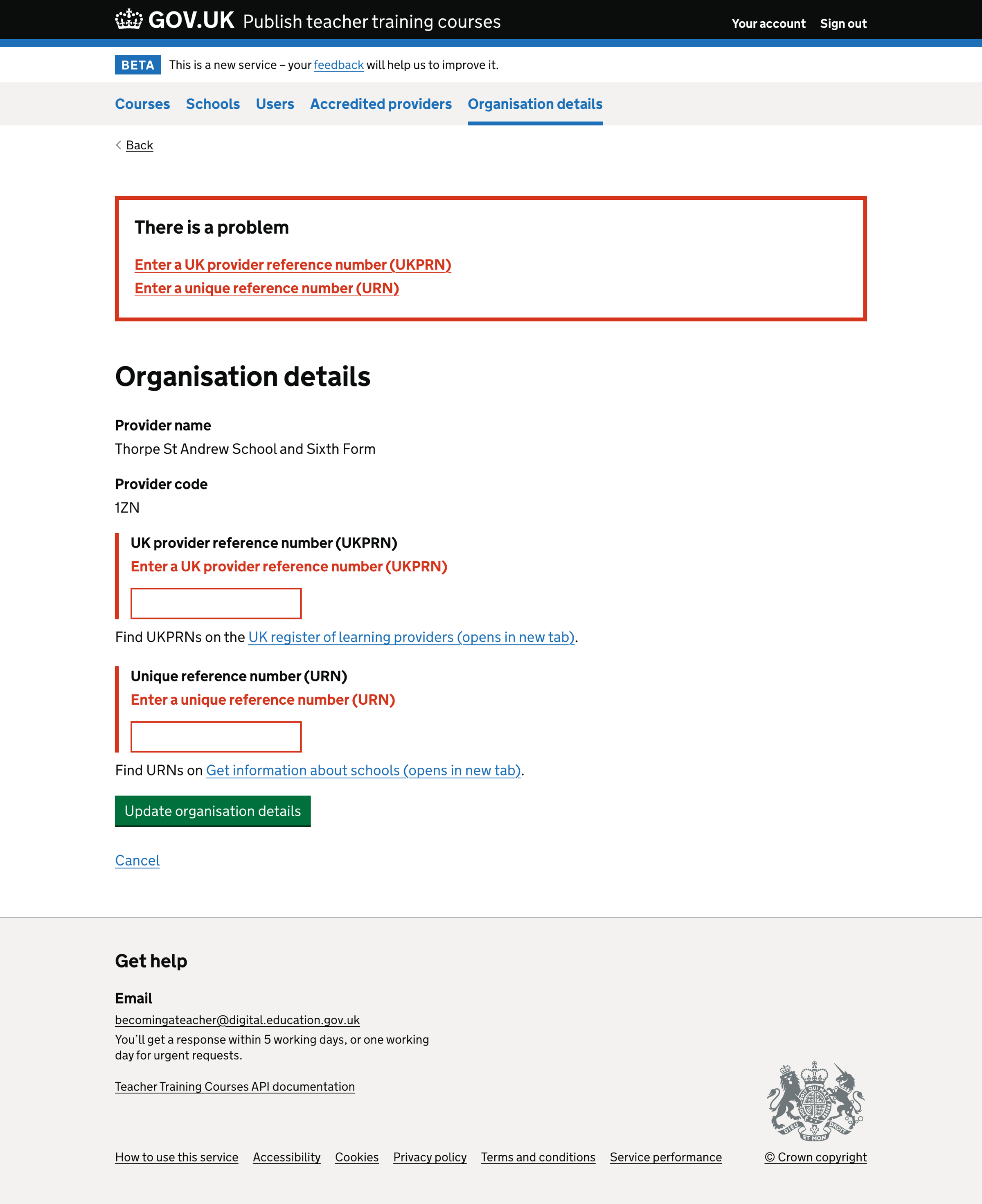 Screenshot of Organisation details form with errors - training partner