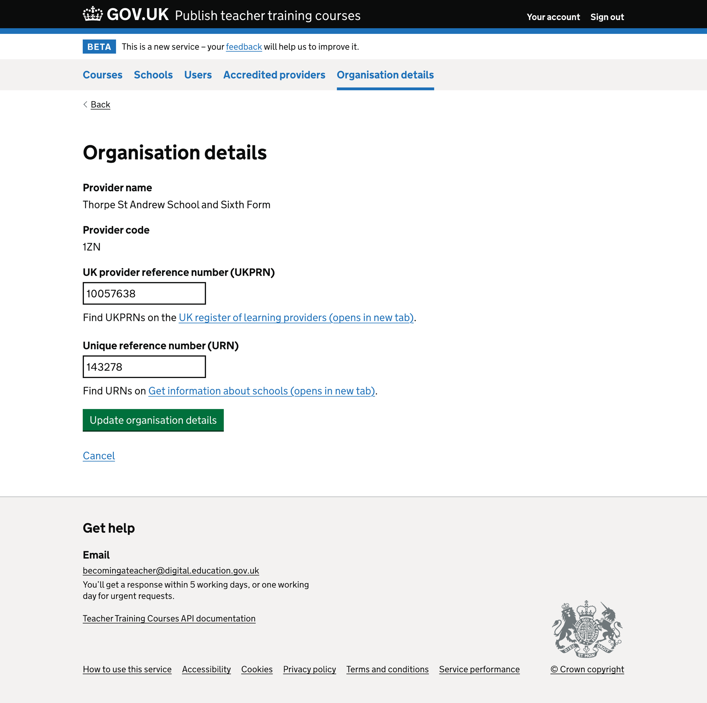 Screenshot of Organisation details form - training partner