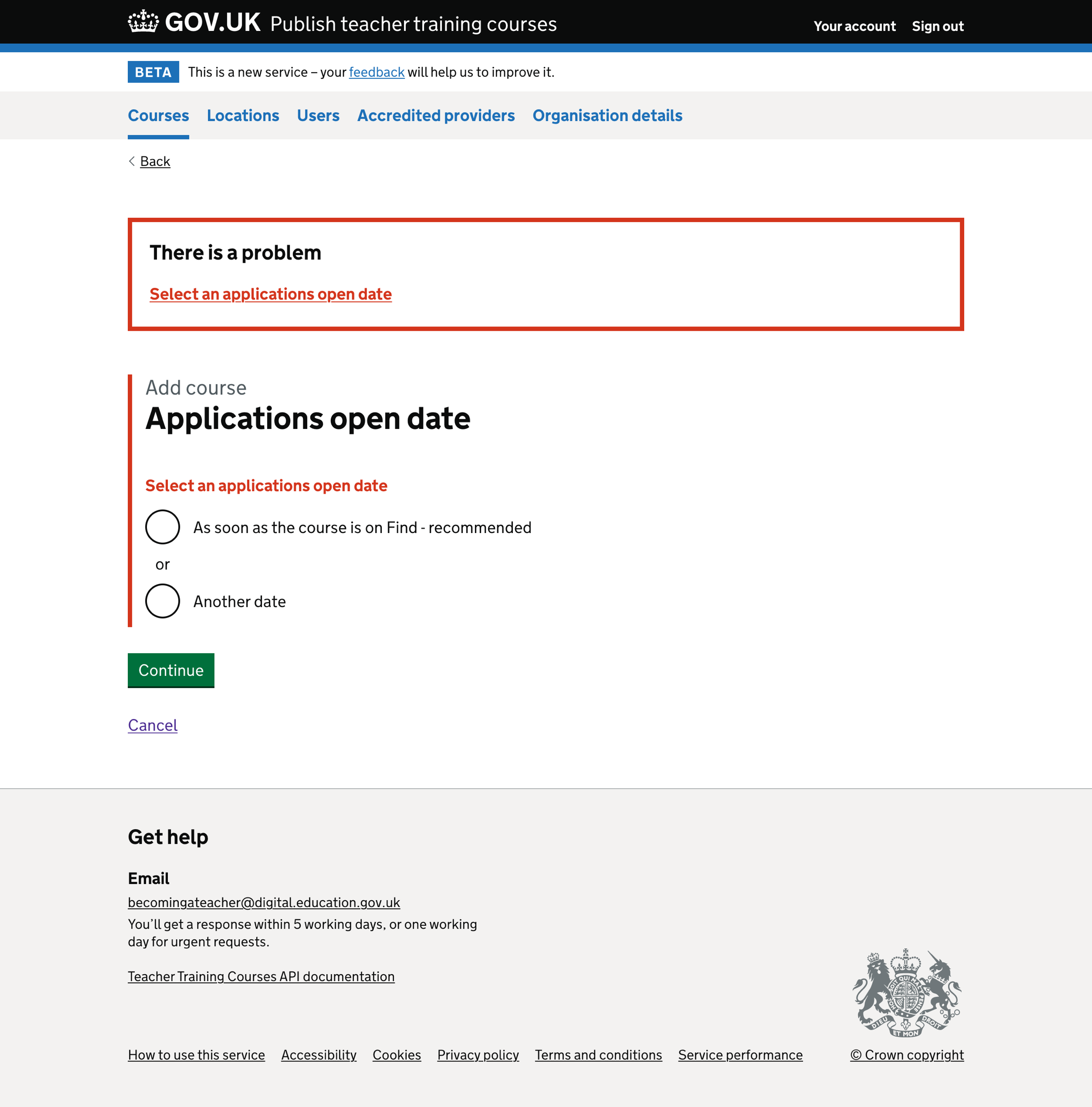 Applications open date error message