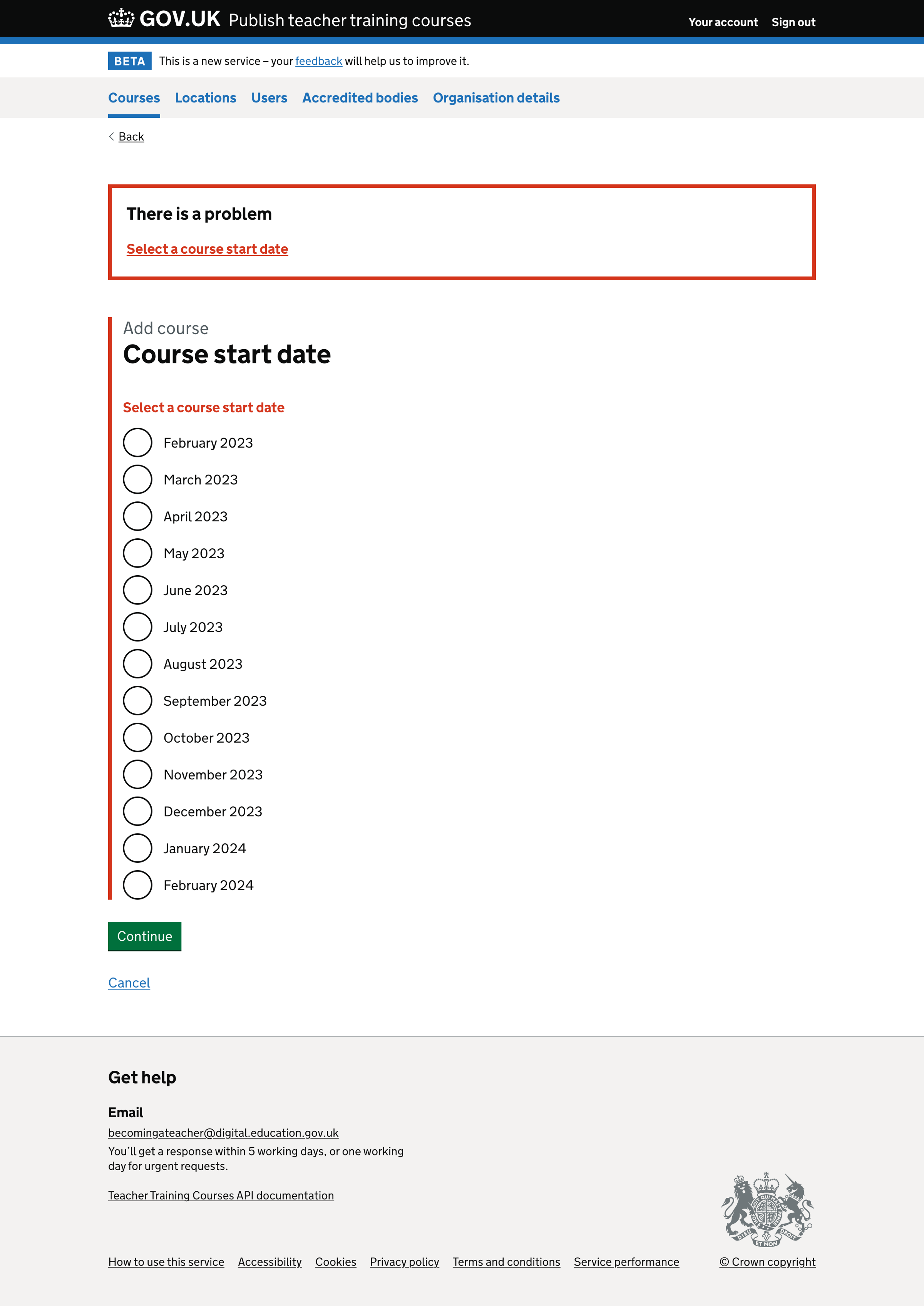 Course start date error message