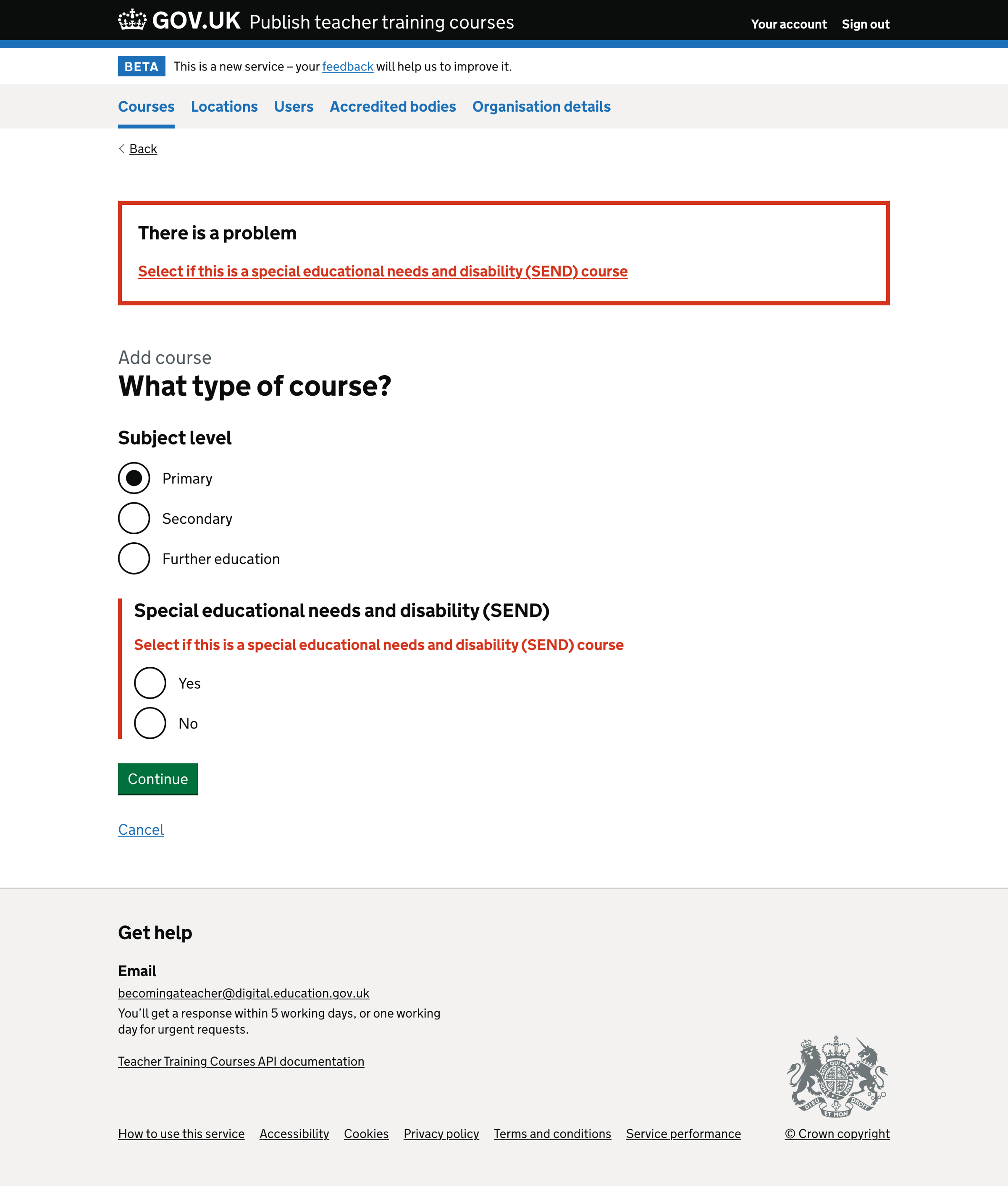 Special educational needs and disabilities (SEND) error message