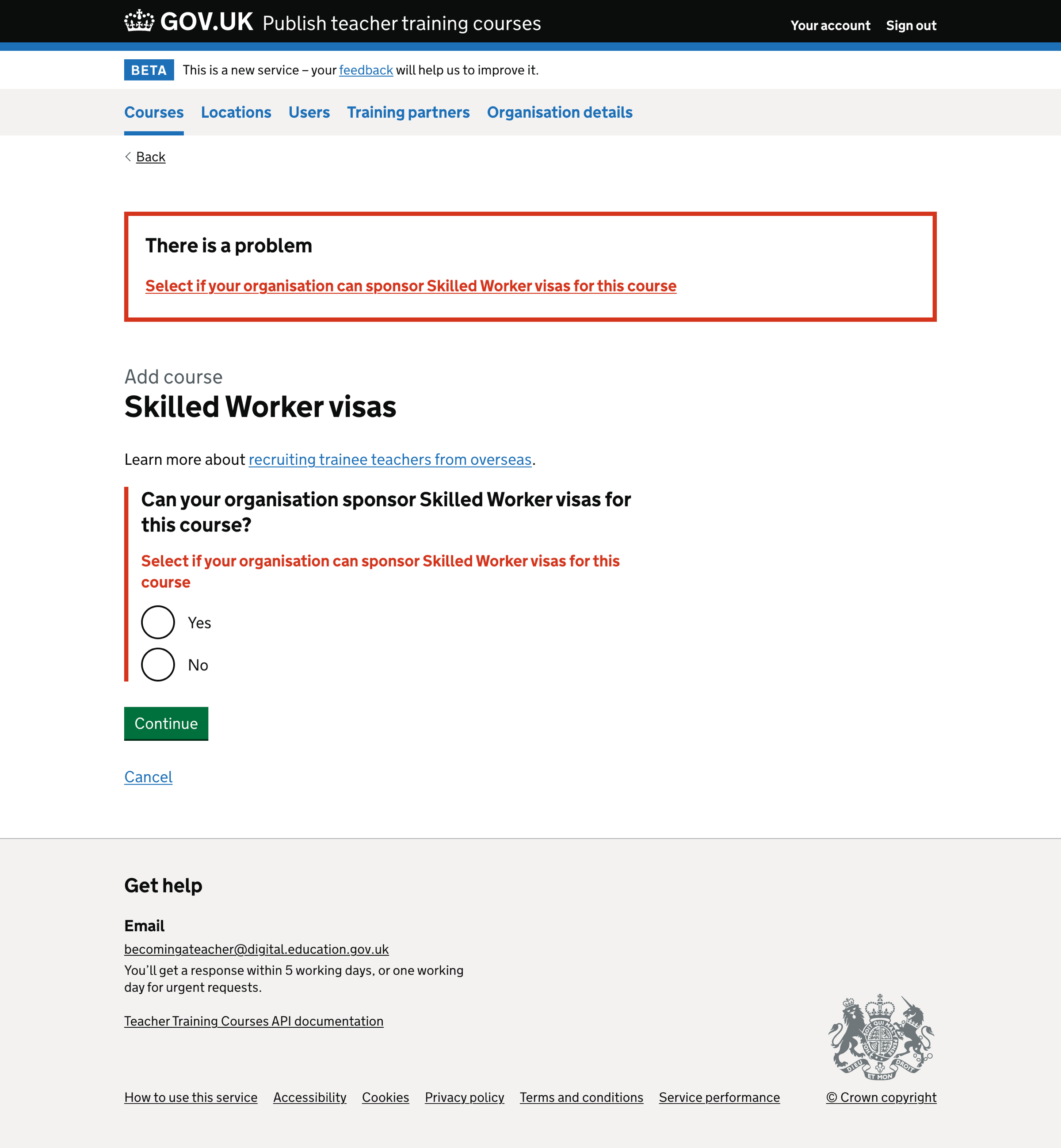Skilled Worker visa error message