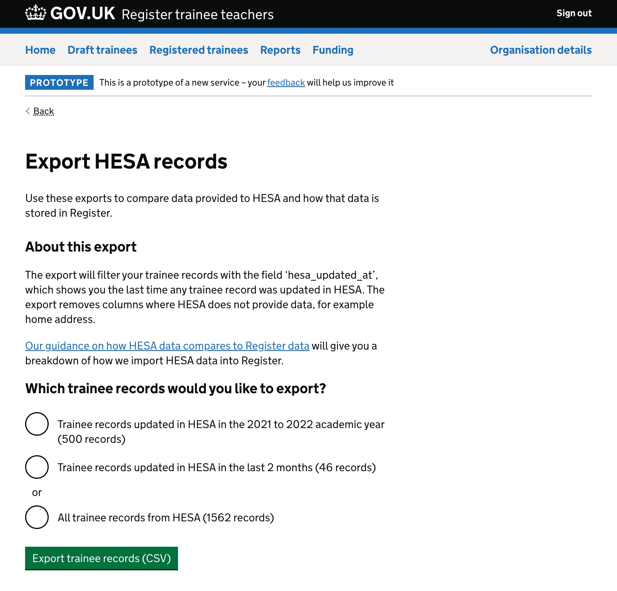 A page to download recent HESA data as a report.