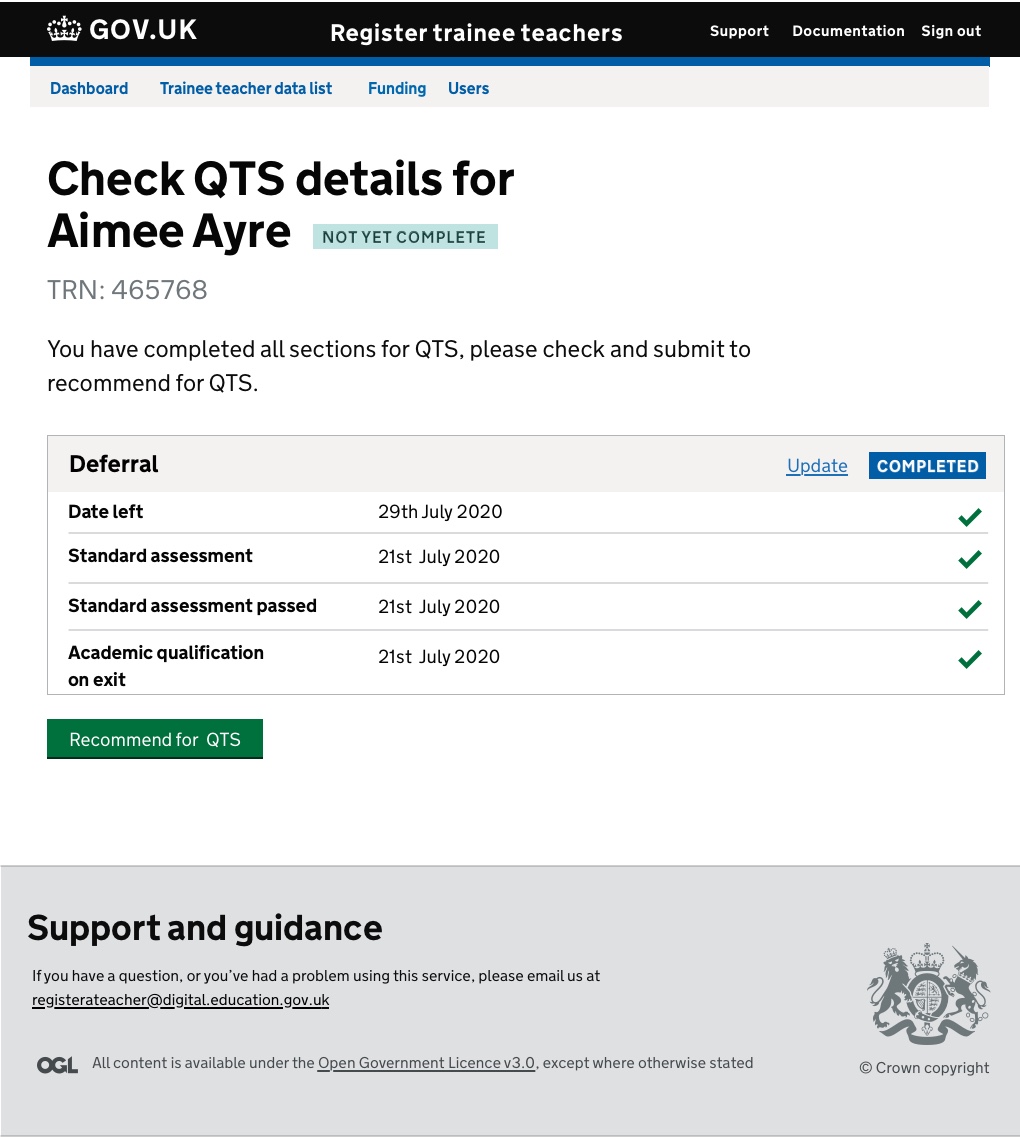Screenshot of Check QTS details