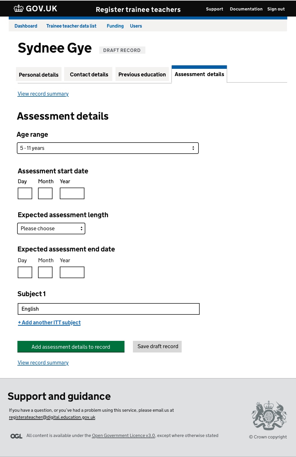 Screenshot of Assessment details