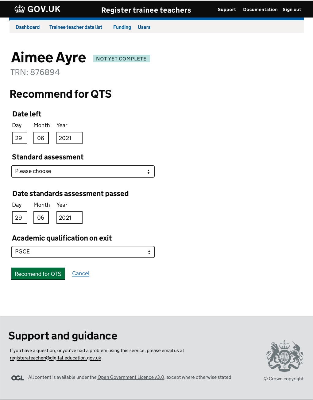 Screenshot of Ready for QTS recommendation
