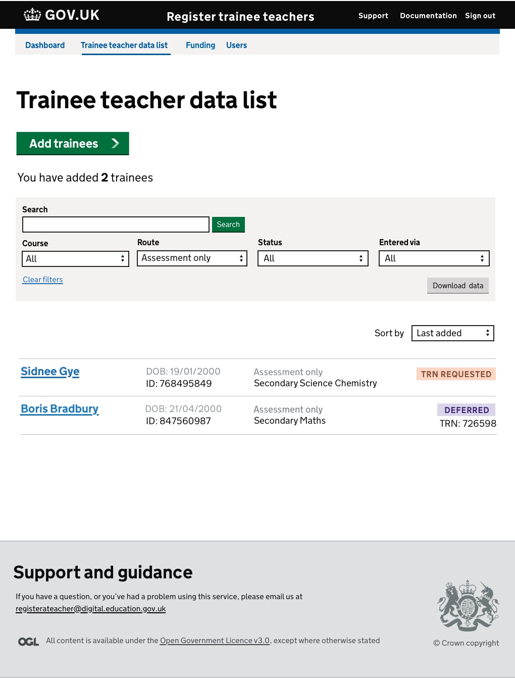 Screenshot of Teacher trainee list