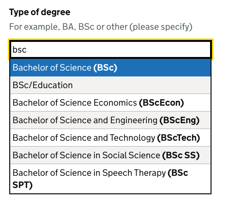 After: a search for a type of degree returns the full name and the abbreviation for each degree type.