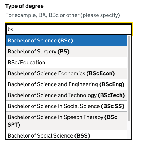 After: a search for ‘bs’ returns ‘Bachelor of Science’ as the first result.