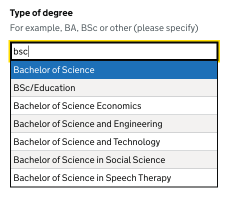 Before: a search for a type degree returns the full name of each degree type.