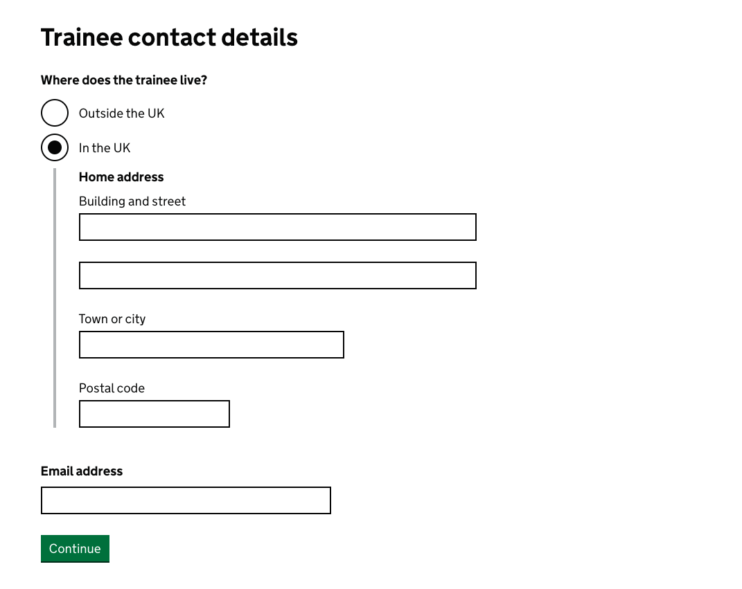 A screenshot of a form asking for a UK address using a separate fields.