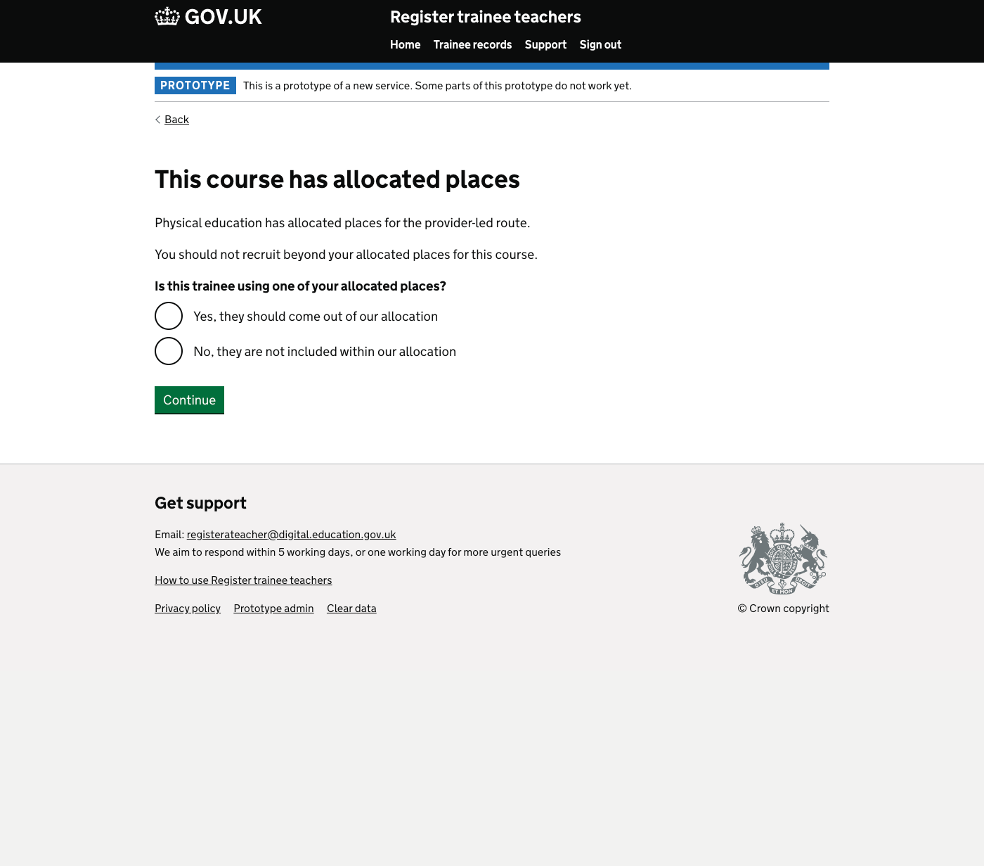 Screenshot of This course has allocated places