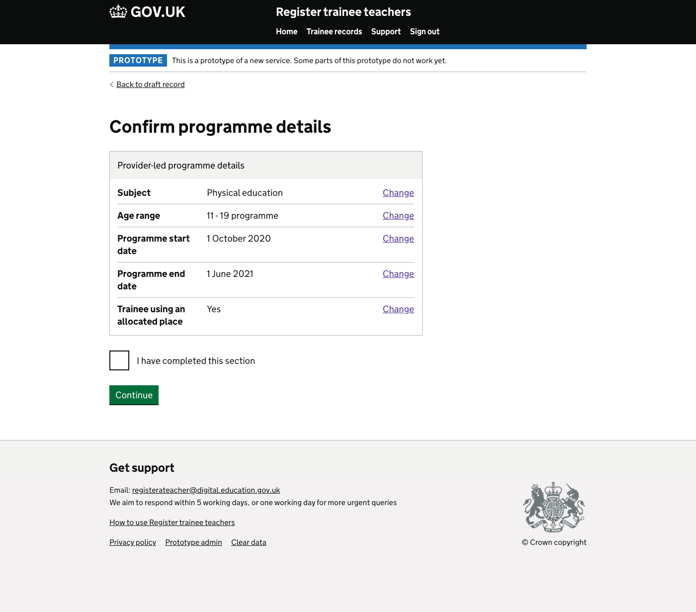 Screenshot of Confirm programme details