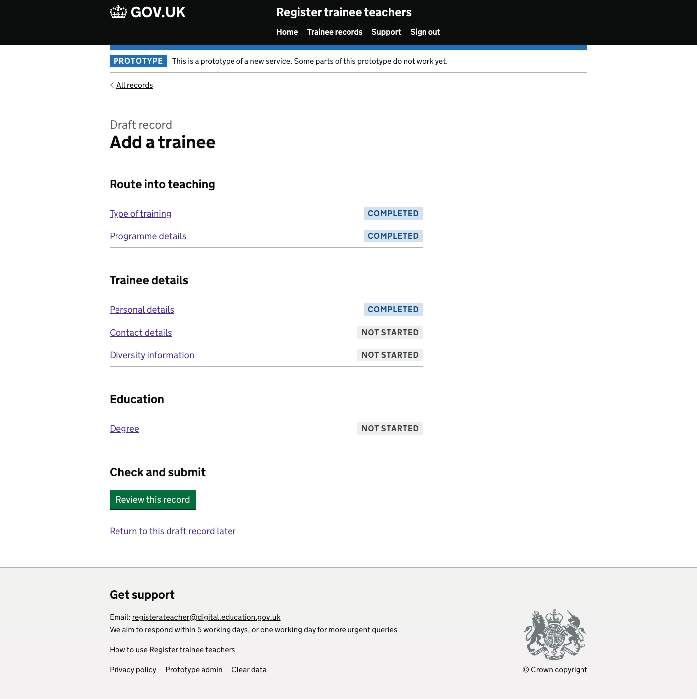 Screenshot of Add a trainee - Personal details completed