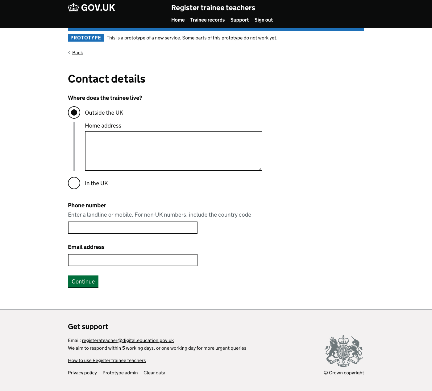 Screenshot of Contact details - Outside the UK