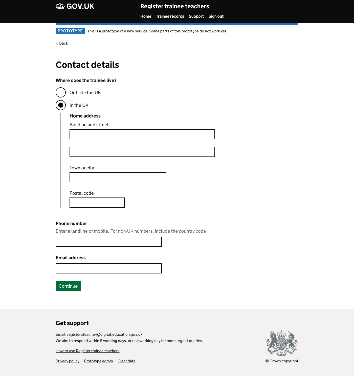 Screenshot of Contact details - Inside the UK