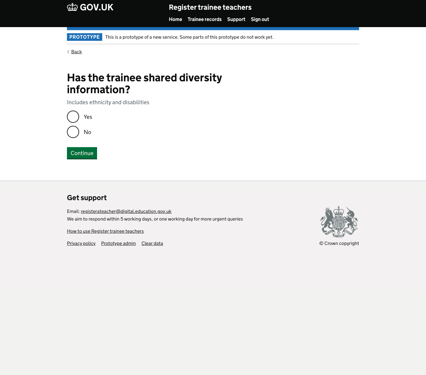 Screenshot of Has the trainee shared diversity information?
