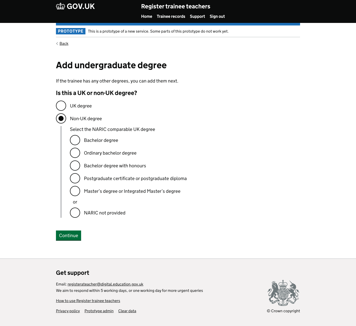 Screenshot of Add undergraduate degree - Non-UK degree