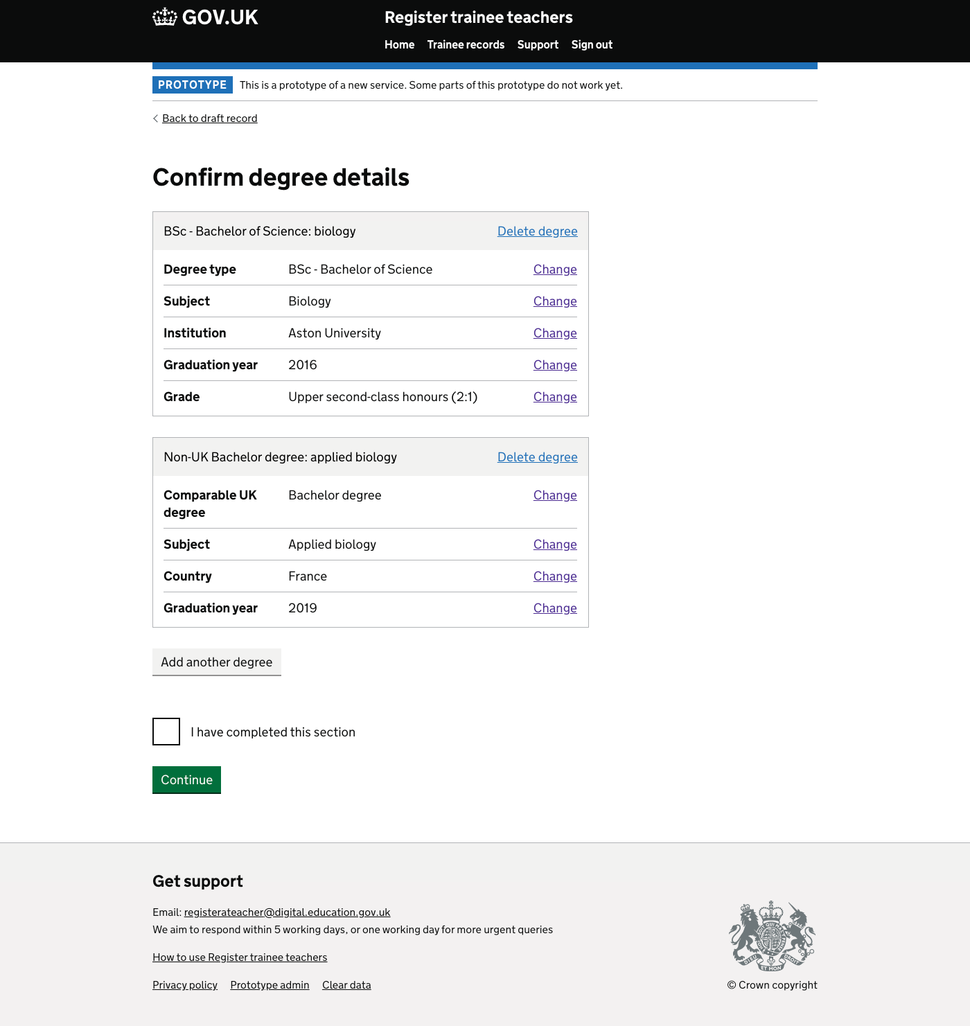 Screenshot of Confirm degree details - Non-UK Degree