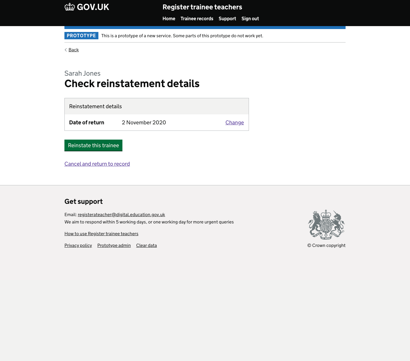 Screenshot of Check reinstatement details