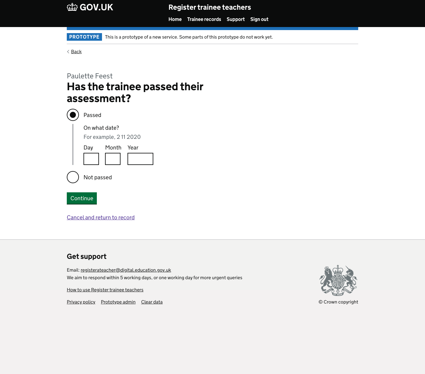 Screenshot of Has the trainee passed their assessment? - Custom date