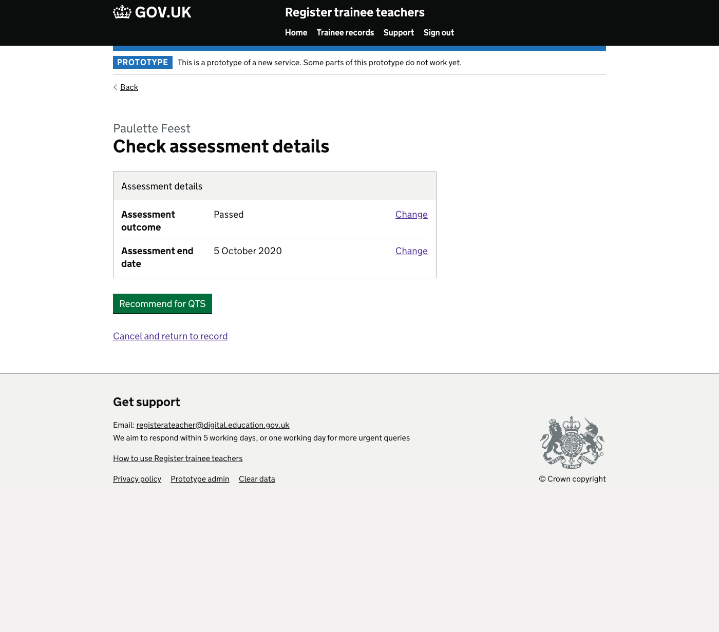 Screenshot of Check assessment details
