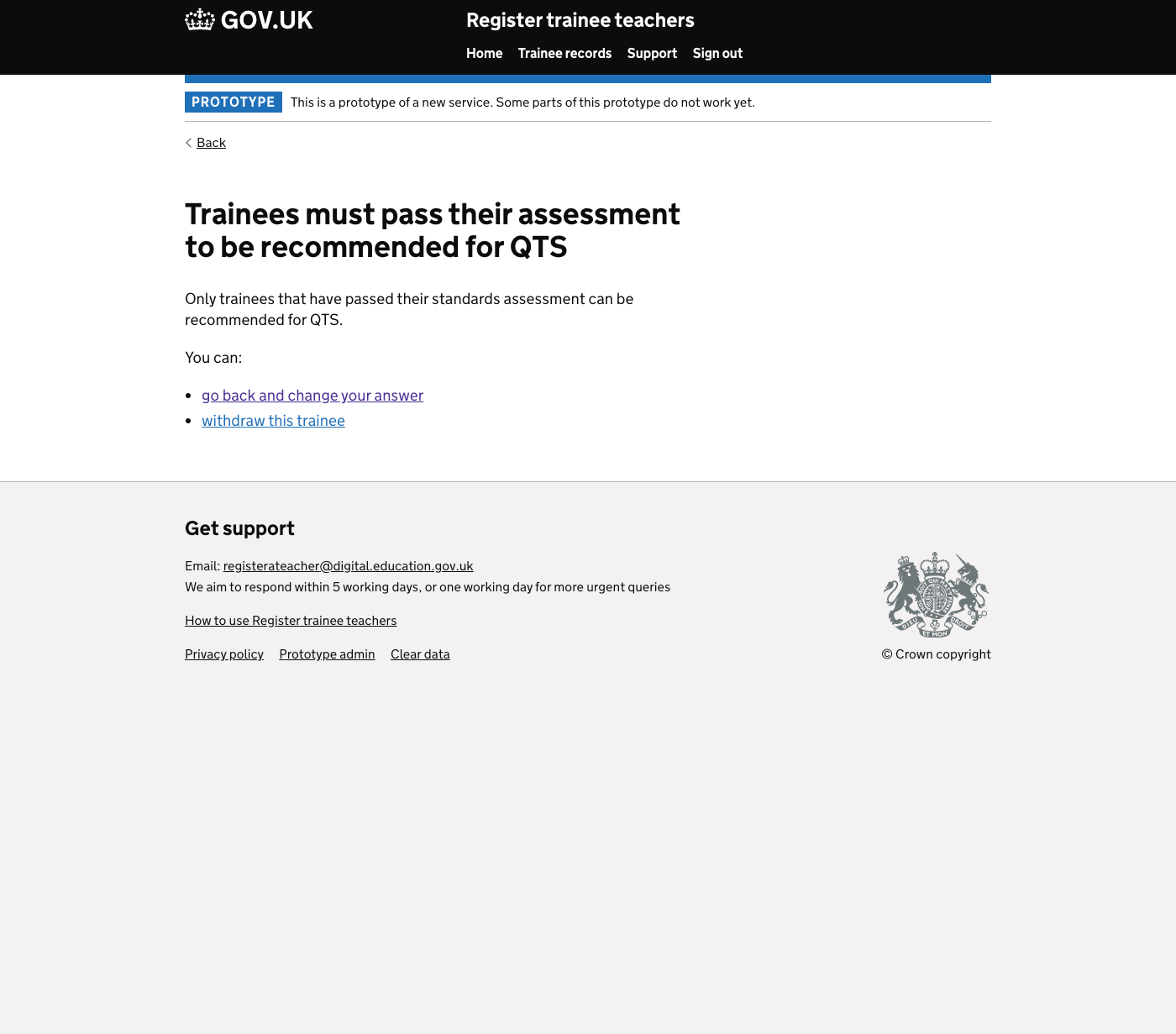 Screenshot of Trainees must pass their assessment to be recommended for QTS