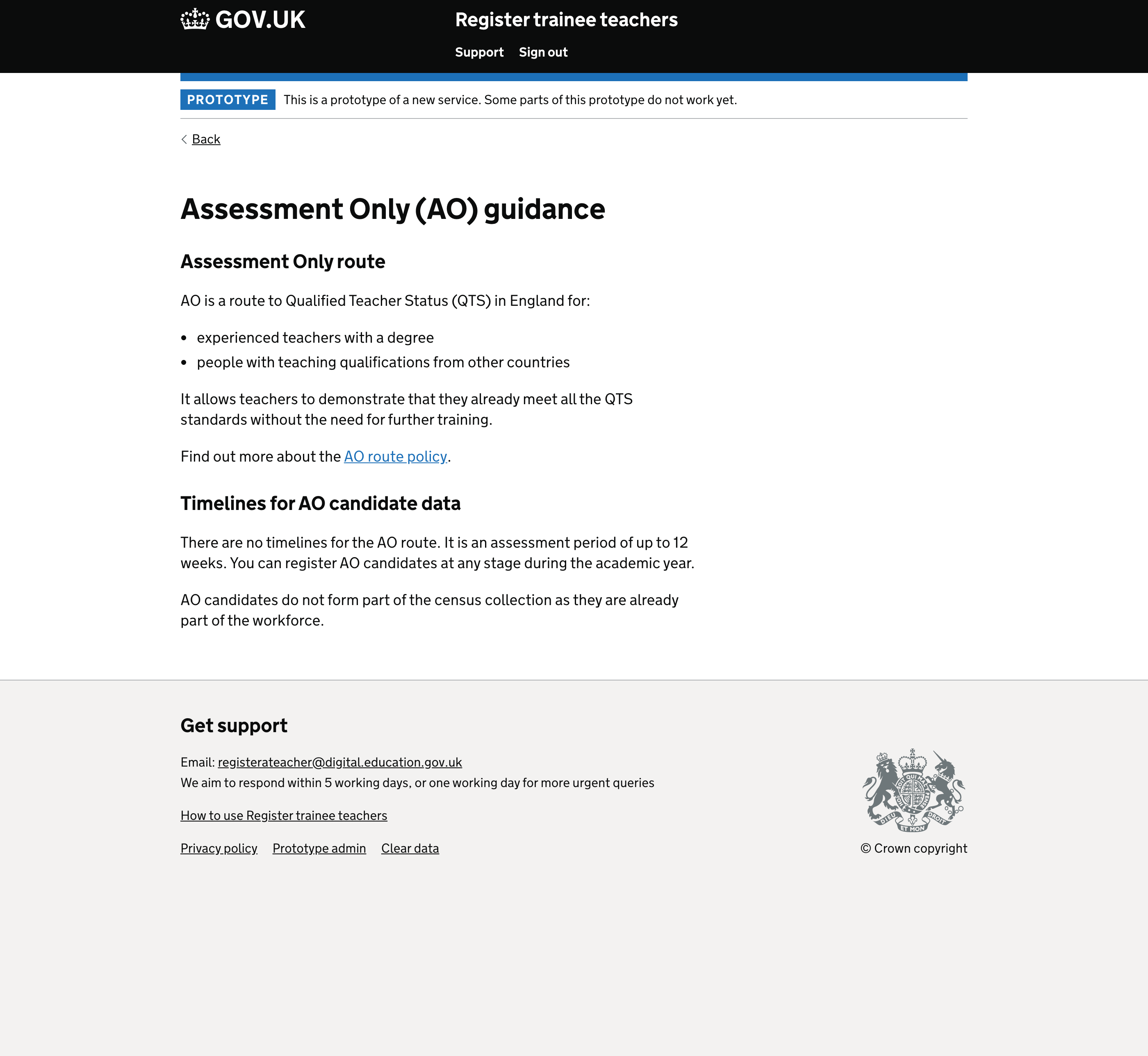 Screenshot of Assessment Only (AO) guidance