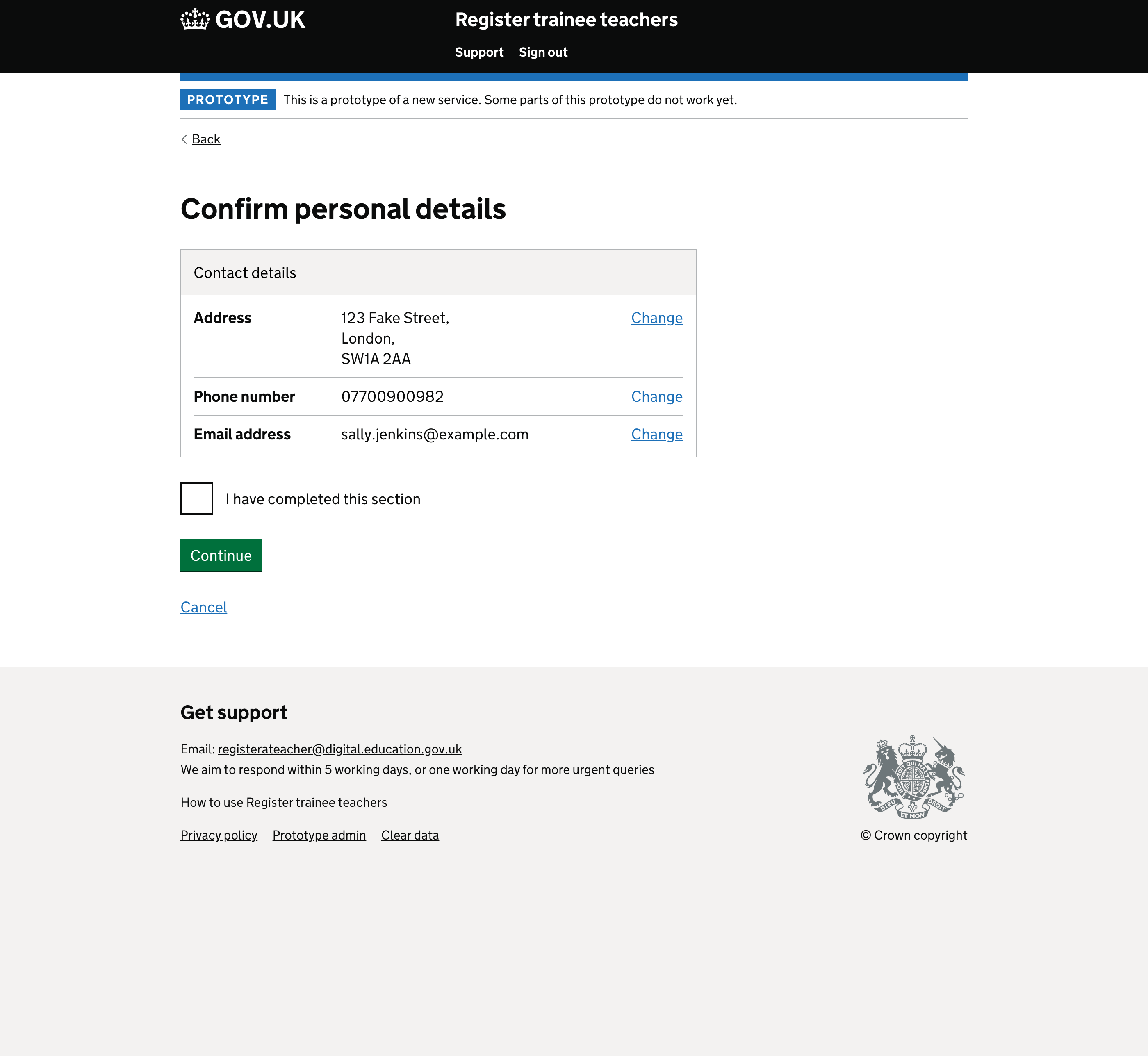 Screenshot of Confirm personal details
