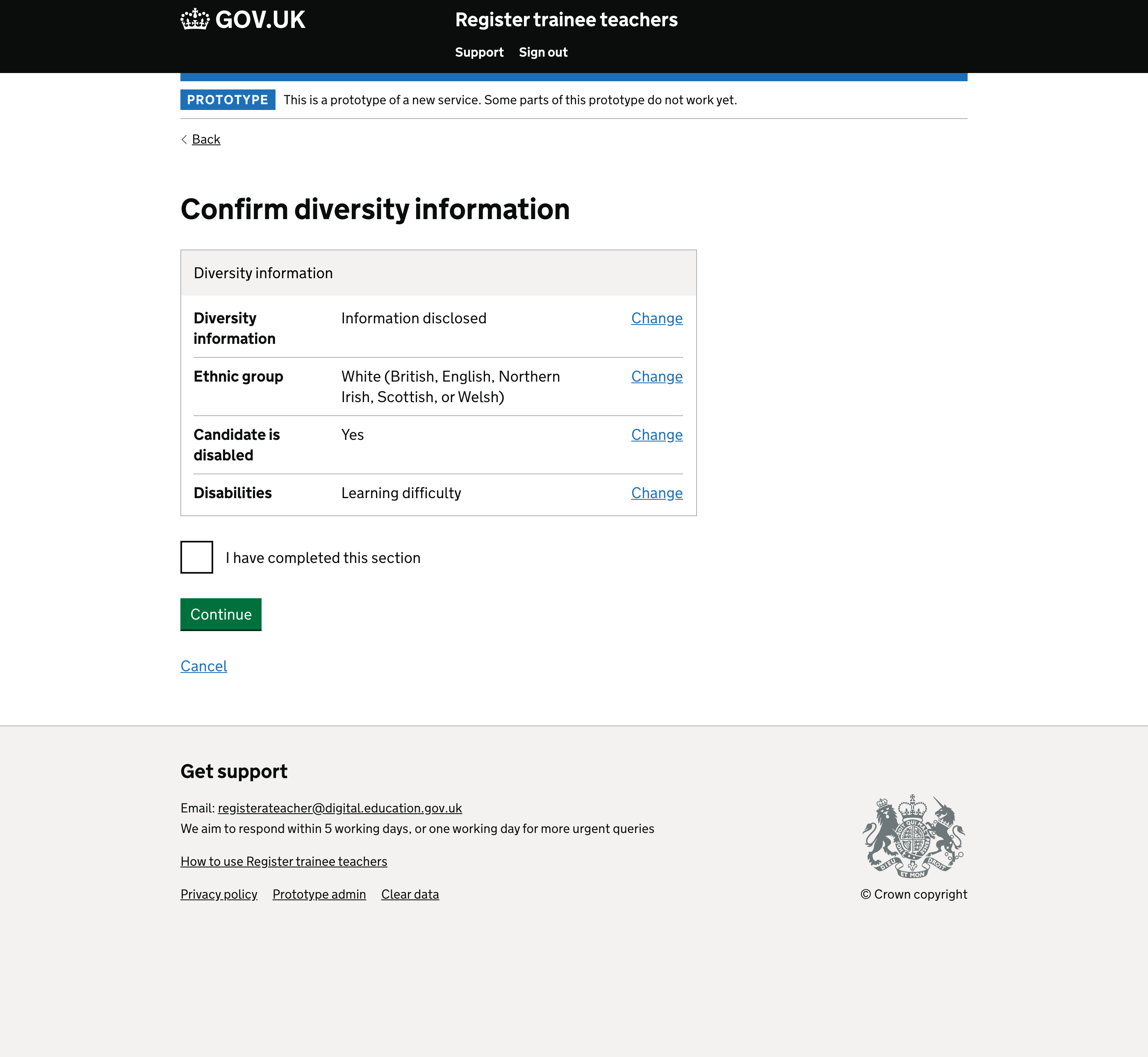 Screenshot of Confirm diversity information